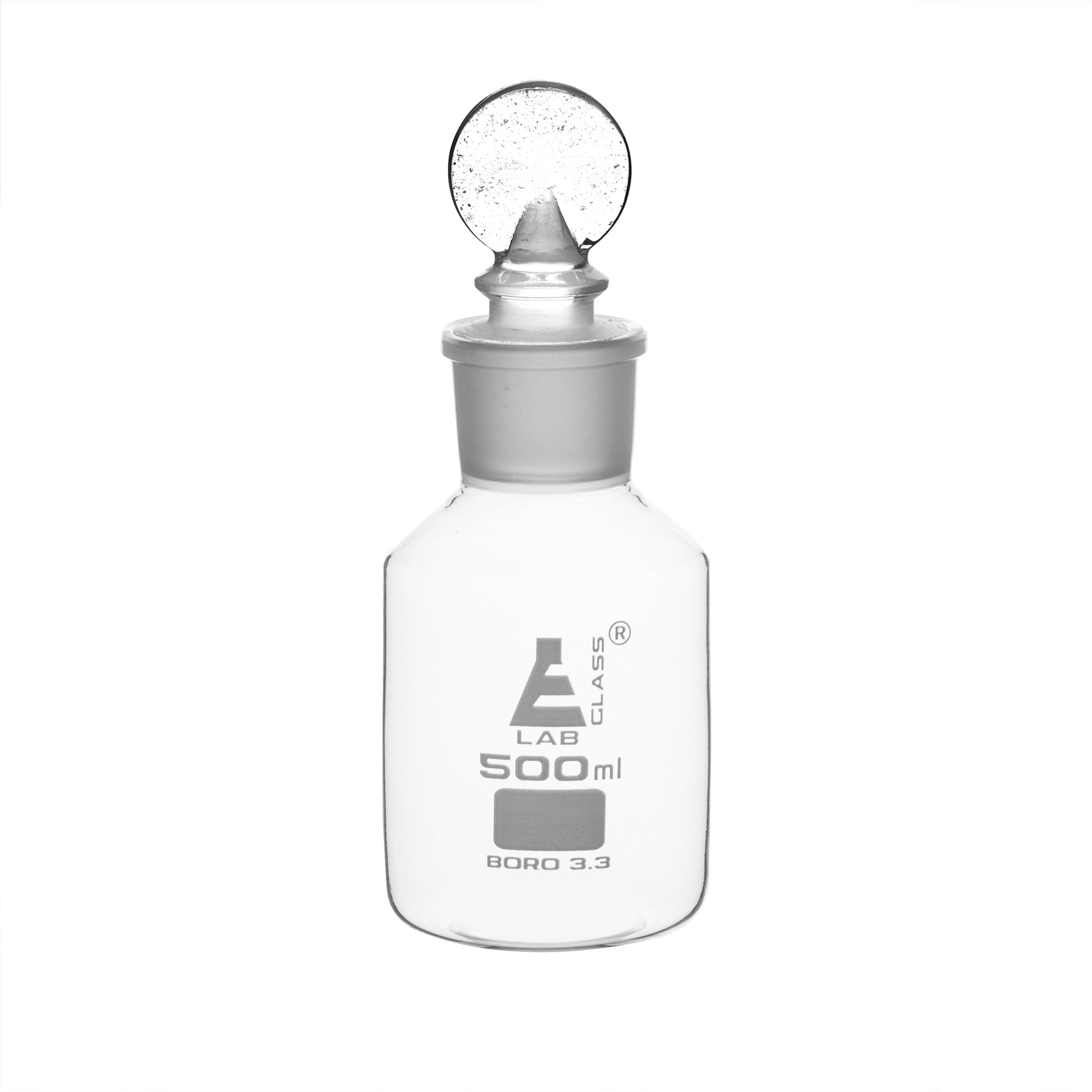 Clear Borosilicate Glass Reagent Bottle with Hollow Glass Stopper, 500 ml, Wide Mouth, Autoclavable