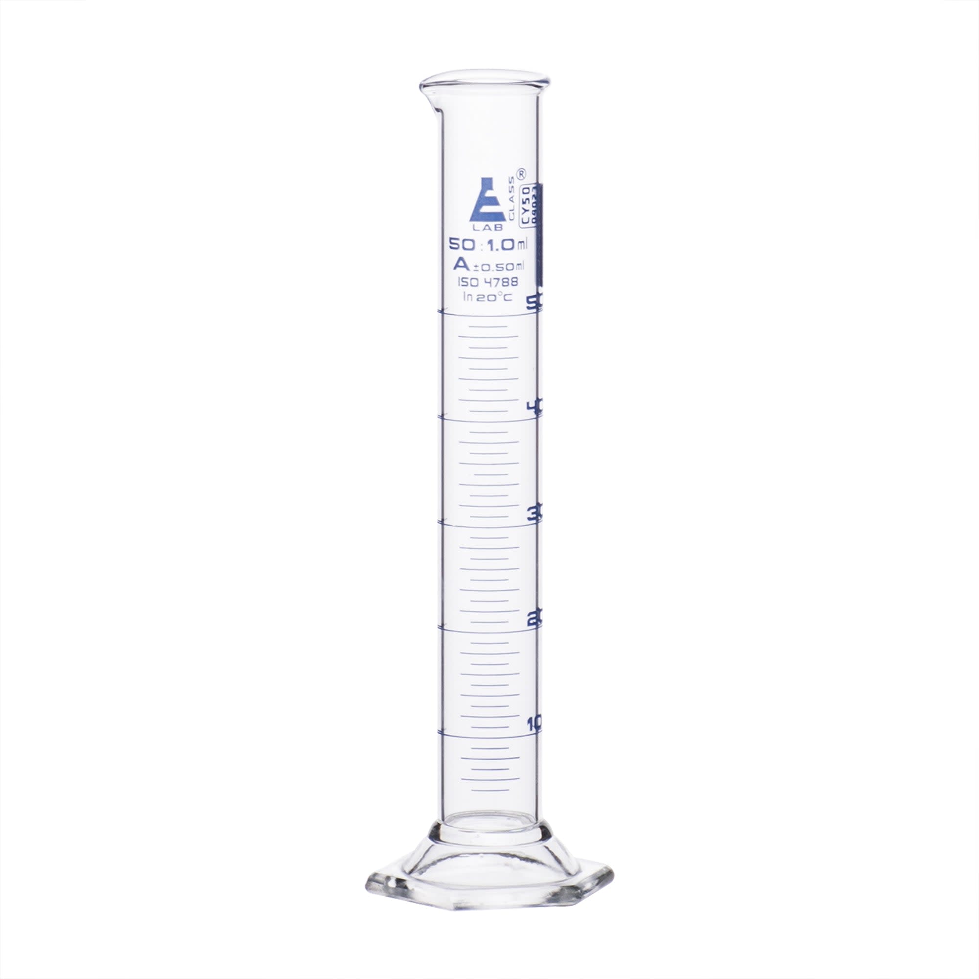 Borosilicate Glass Graduated Cylinder with Hexagonal Base, 50 ml, Class A with Individual Work Certificate