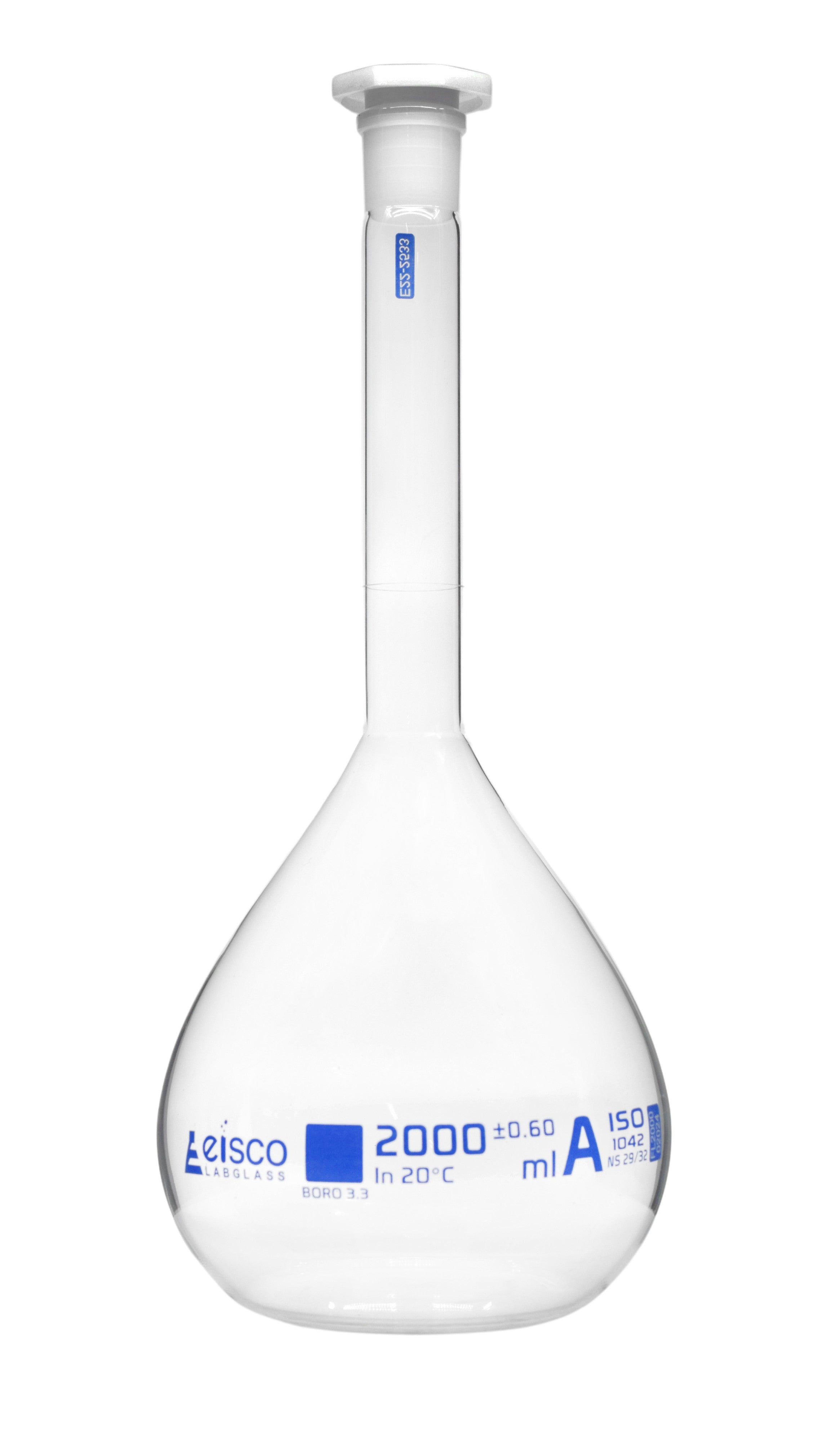 Borosilicate Volumetric Flask with Polypropylene Stopper, 2000 ml, Class A with Individual Work Certificate,  Autoclavable