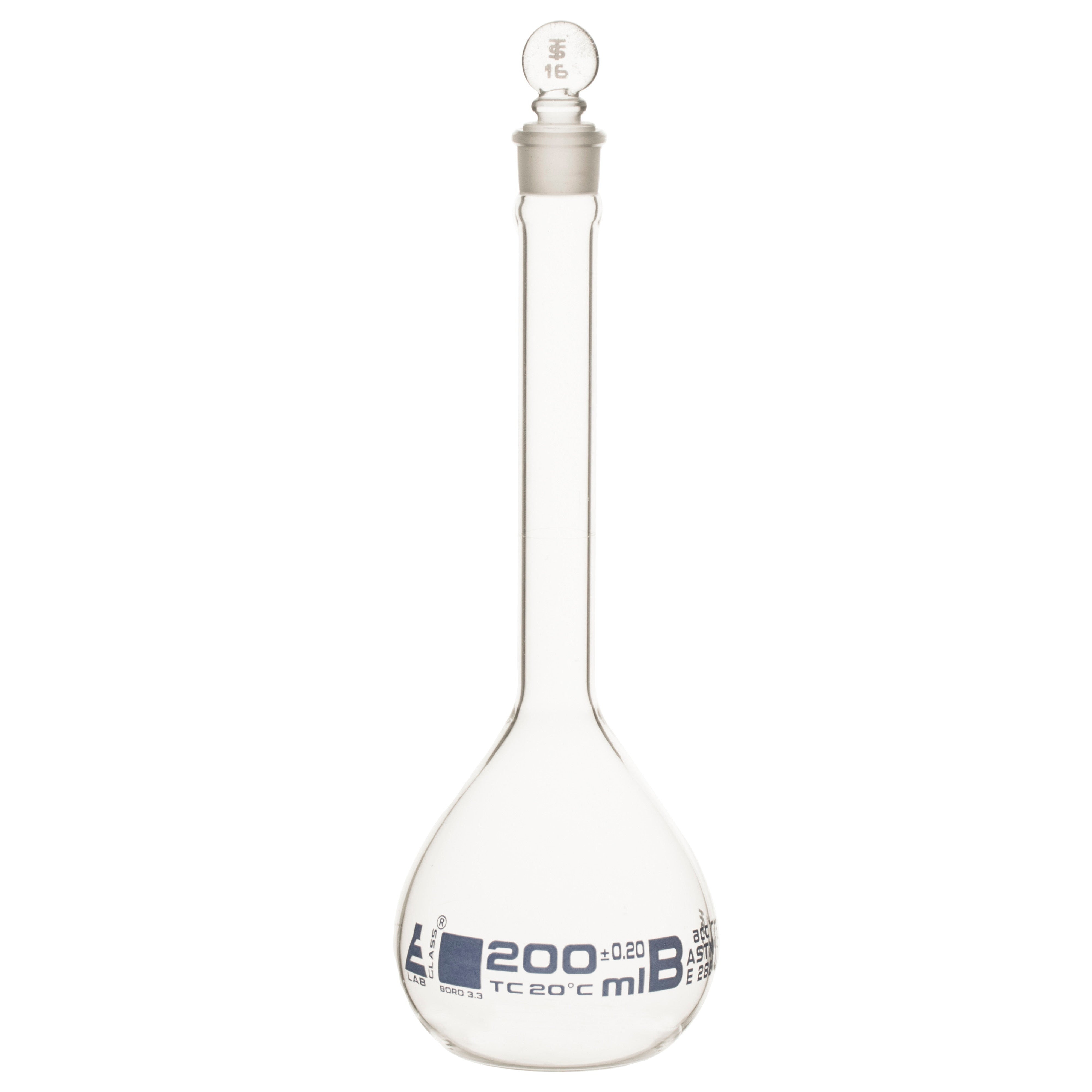 Borosilicate Glass ASTM Volumetric Flask with Glass Stopper, 200 ml, Class B, Autoclavable