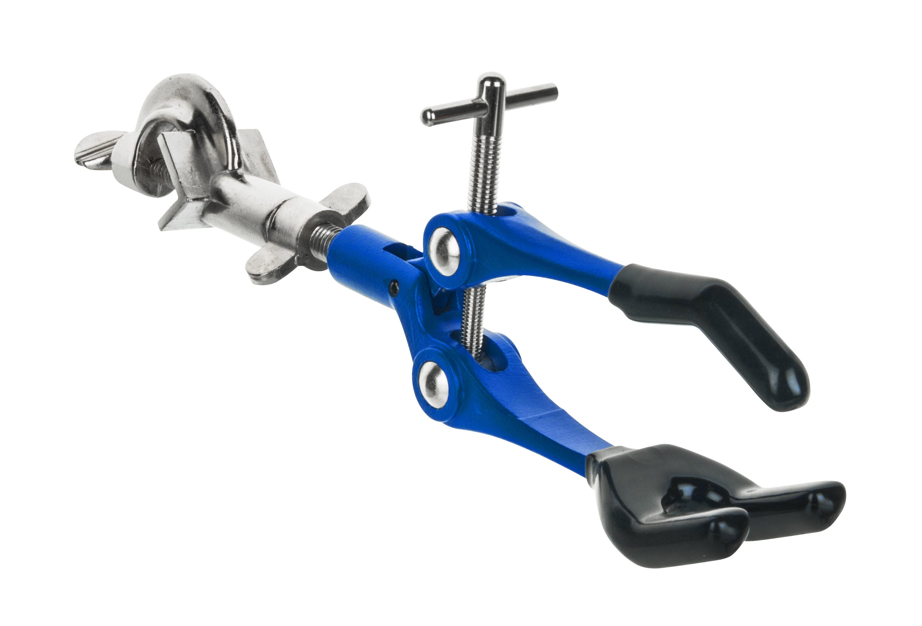 3 Finger, Vinyl Coated Extension Lab Clamp with Boss Head, 3.625" (9.2 cm) maximum clamp opening