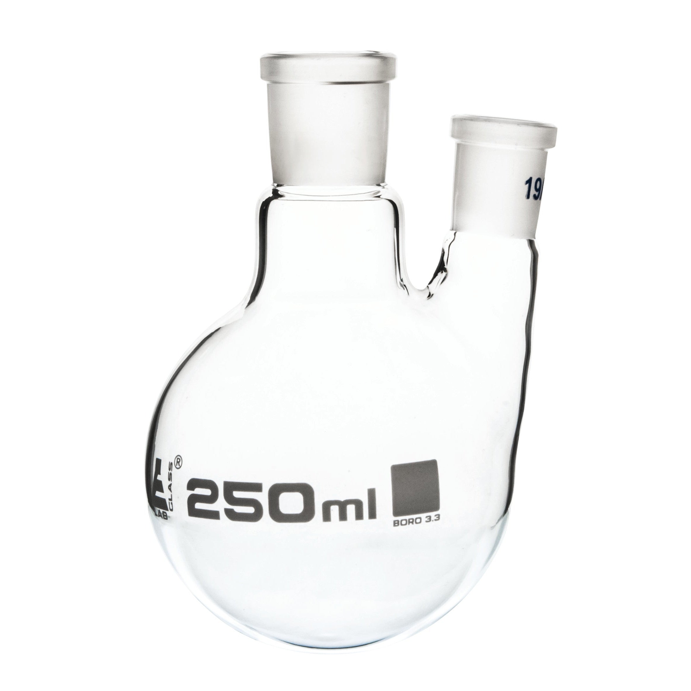 Borosilicate Glass 2 Neck Distillation Flask, 100ml, 24/29 Parallel Neck, 19/26 Side Joint, Autoclavable