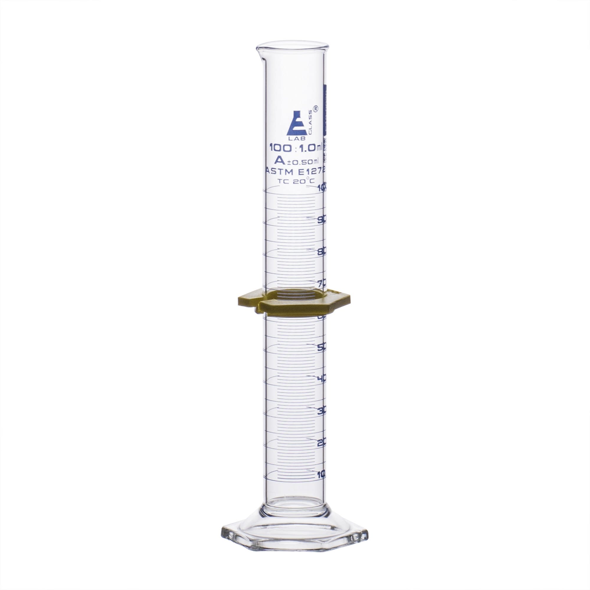 Borosilicate Glass ASTM Graduated Cylinder with Hexagonal Base and Guard, 100 ml, Class A with USP & Individual Work Certificate, Autoclavable