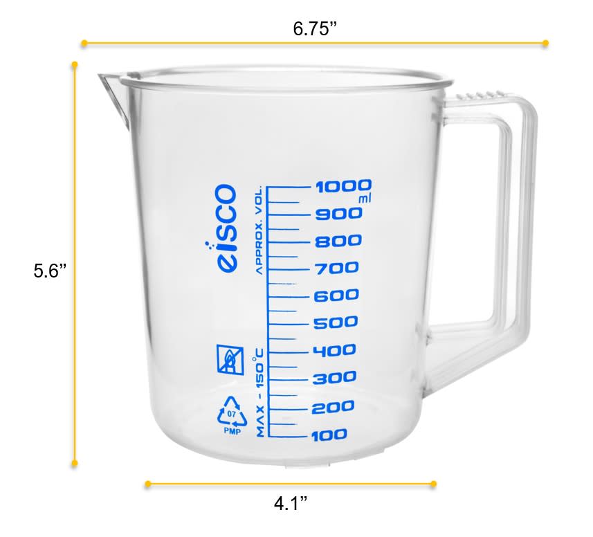 TPX Measuring Jug with Spout and Handle, Short Form, 1000 ml, 50 ml Graduation, Autoclavable