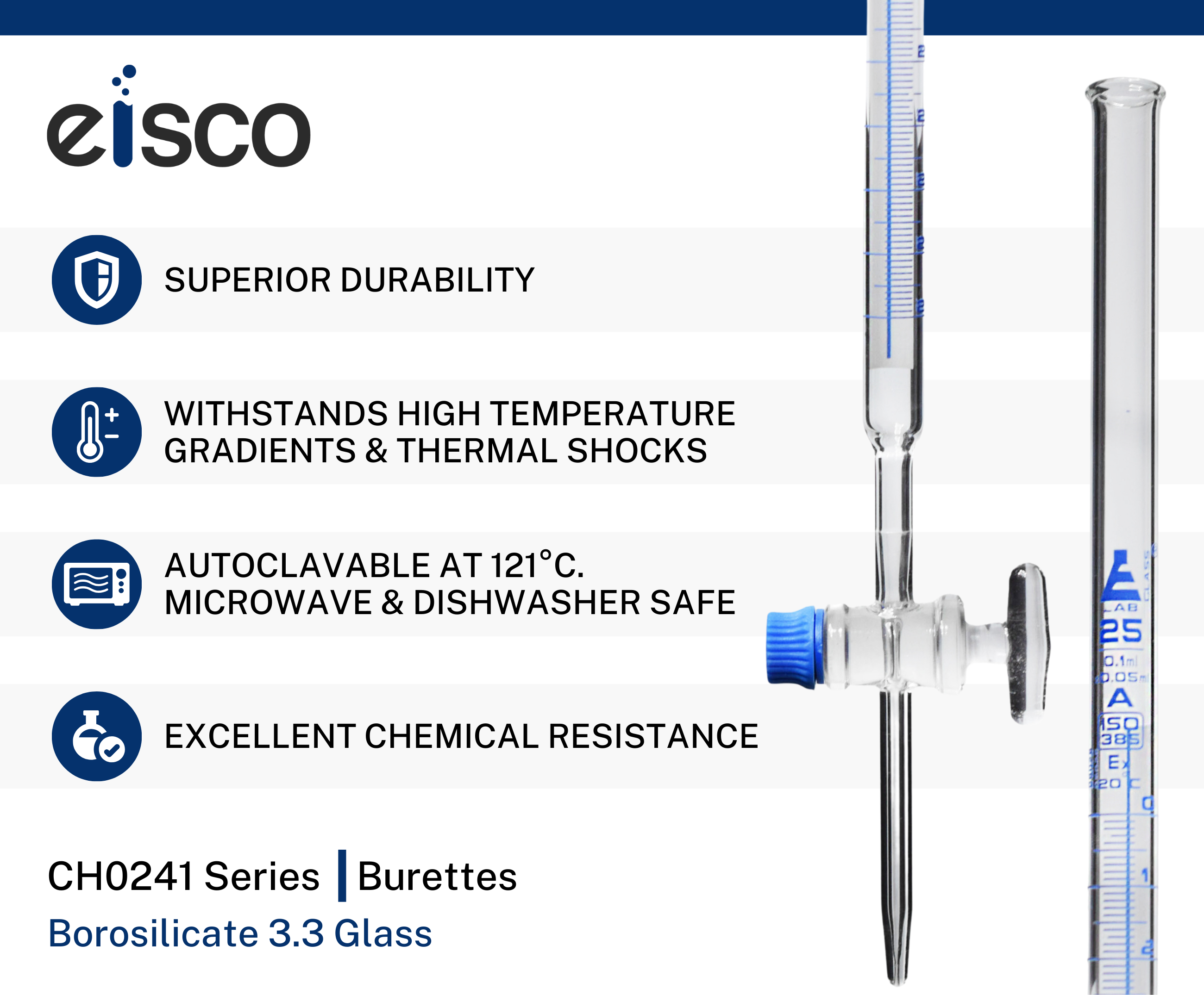 Schellbach Glass ASTM Graduated Burette with Glass Key Stopcock, 25 ml, 0.10 ml Graduation, Class A