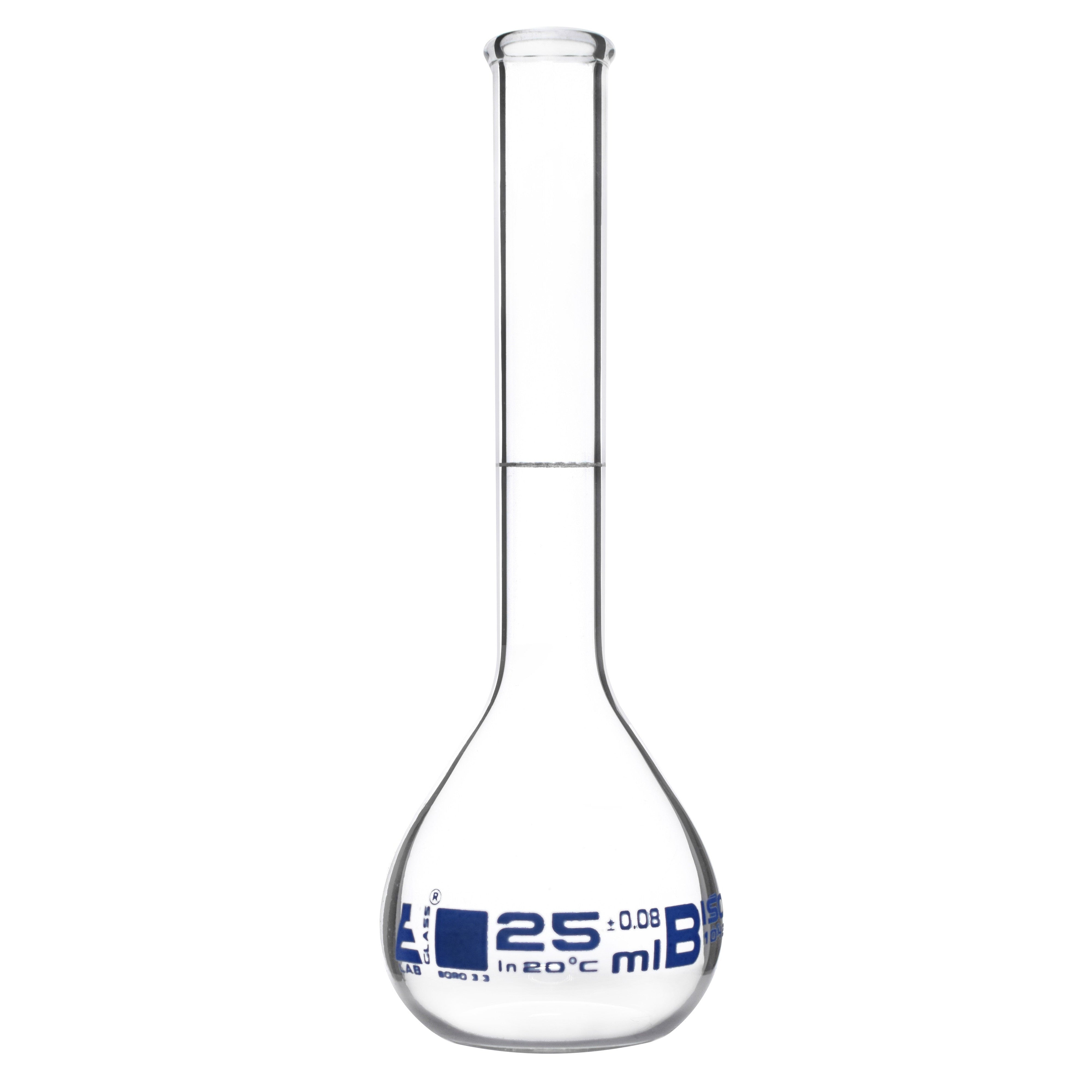 Borosilicate Glass Volumetric Flask with Beaded Rim, 25ml, Class B, Blue Print, Autoclavable