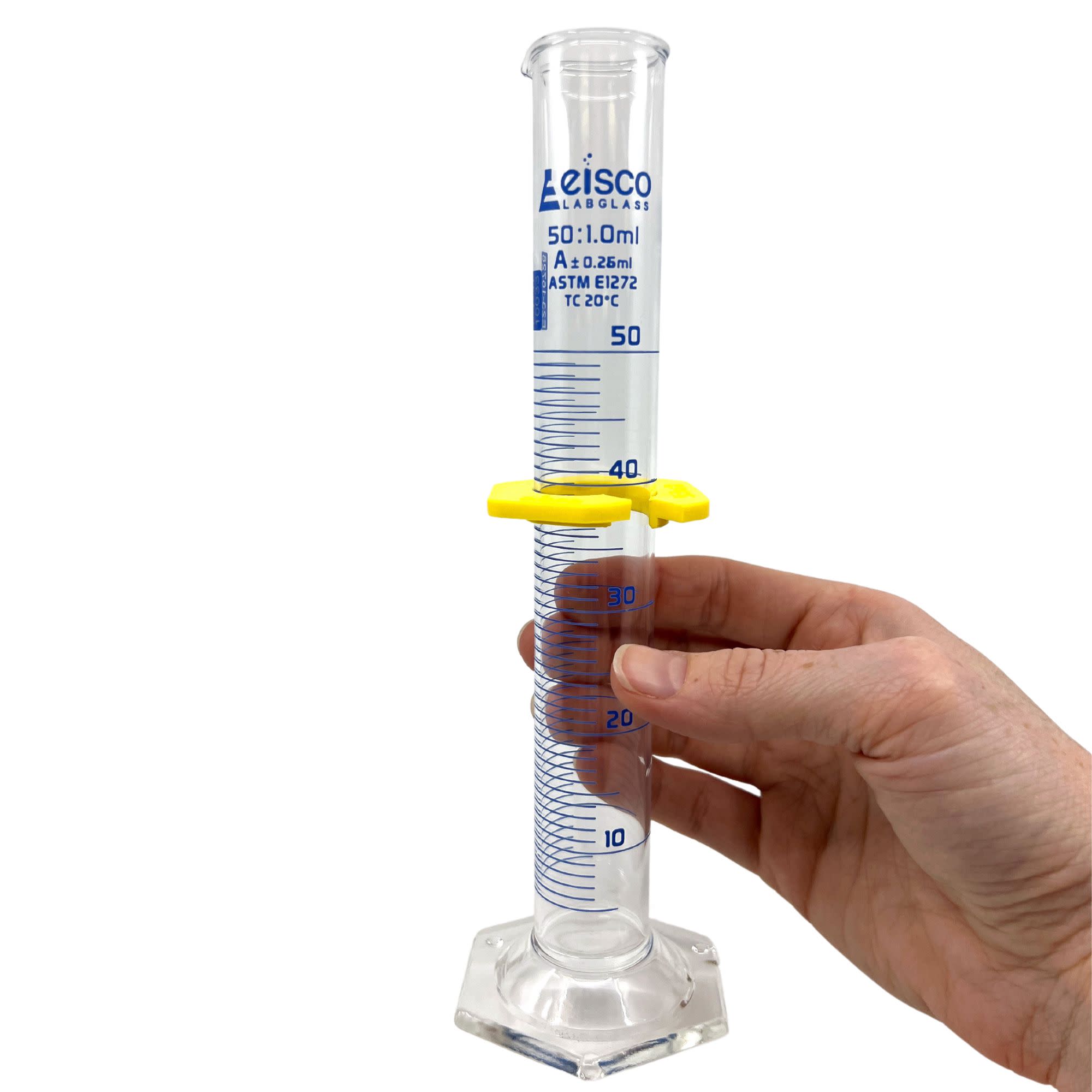 Borosilicate Glass ASTM Graduated Cylinder with Hexagonal Base and Guard, 50 ml, Class A with USP & Individual Work Certificate, Autoclavable