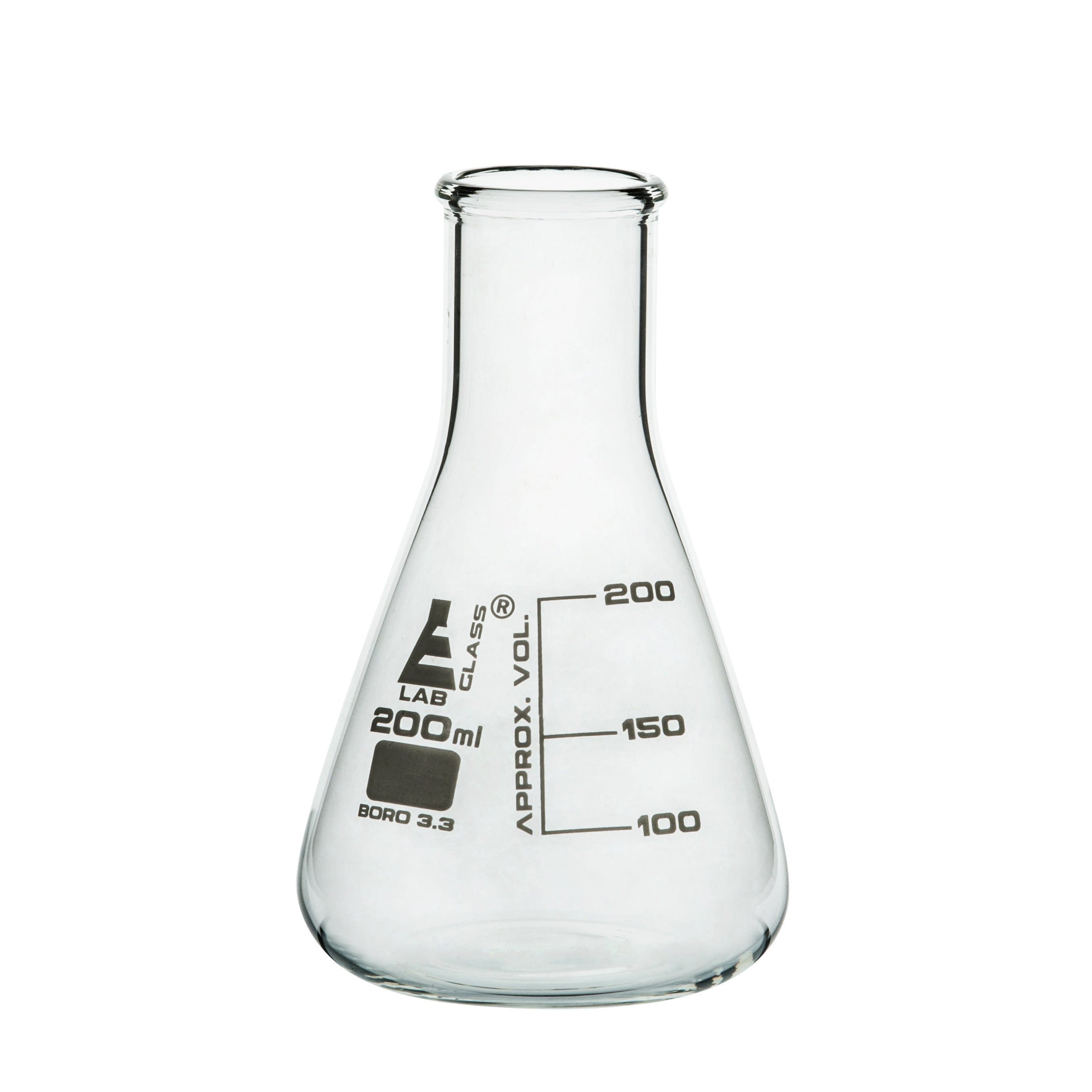 Borosilicate Glass Erlenmeyer Flask, 200 ml, 50 ml Graduations, Autoclavable