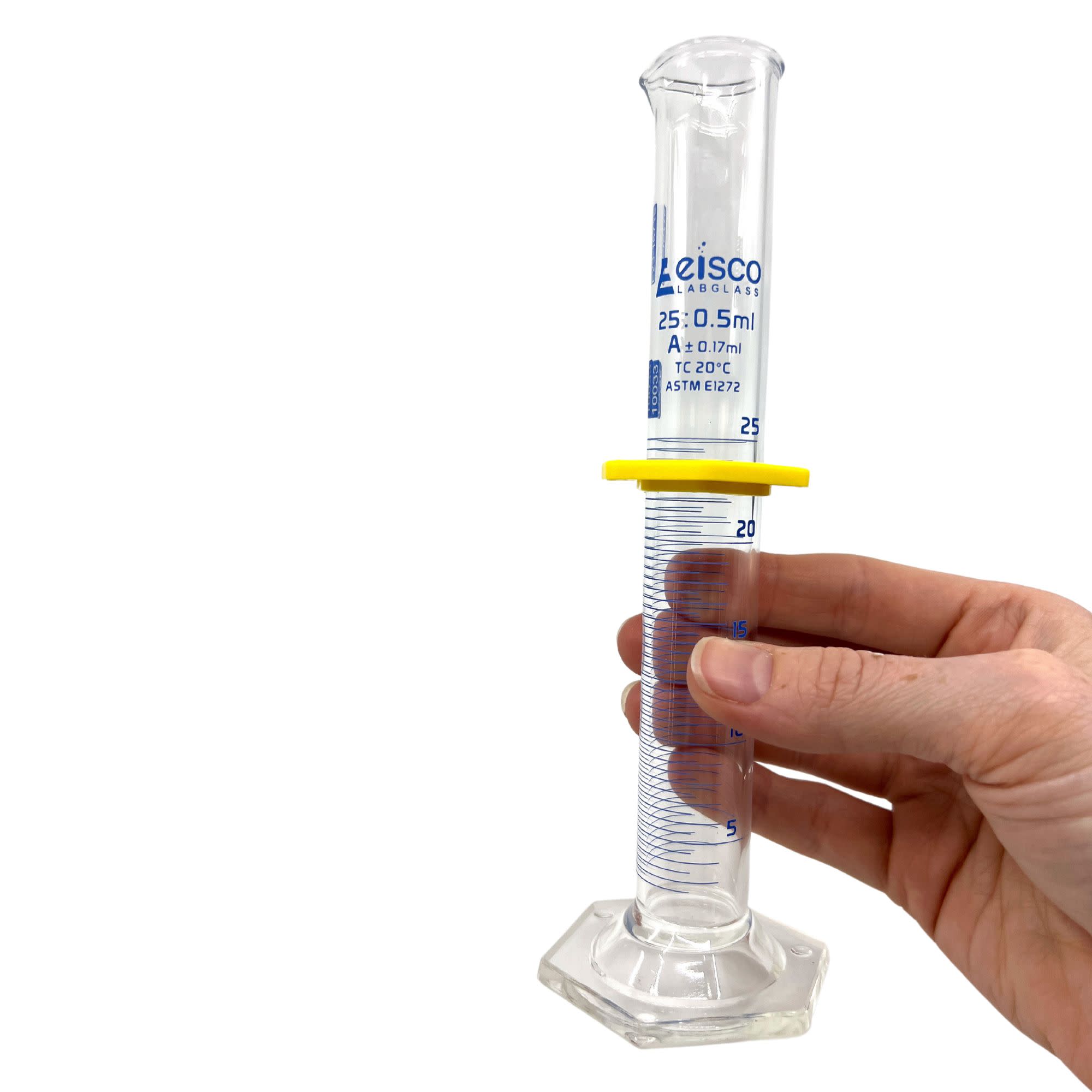 Borosilicate Glass ASTM Graduated Cylinder with Hexagonal Base and Guard, 25 ml, Class A with USP & Individual Work Certificate, Autoclavable