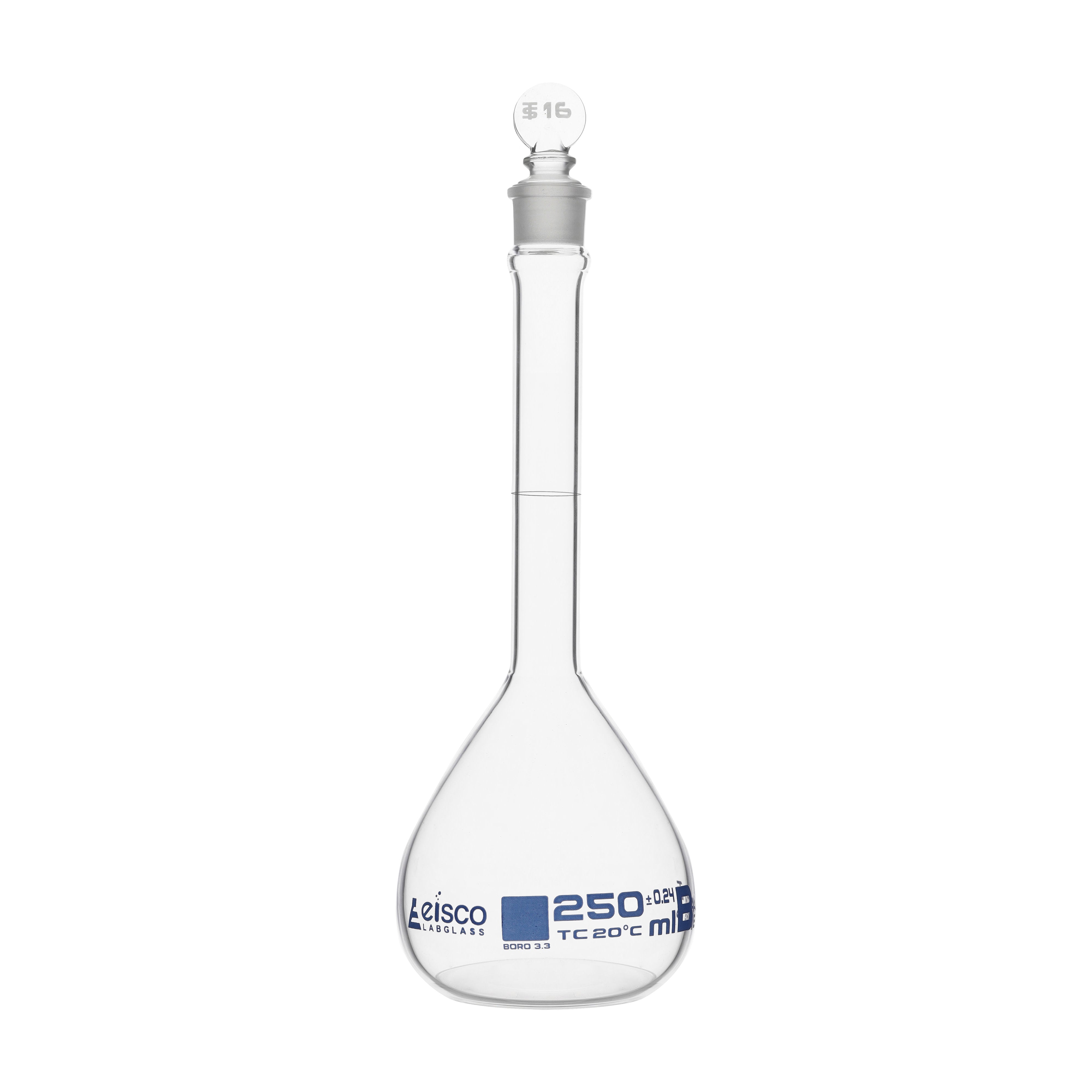 Borosilicate Glass ASTM Volumetric Flask with Glass Stopper, 250 ml, Class B, Autoclavable