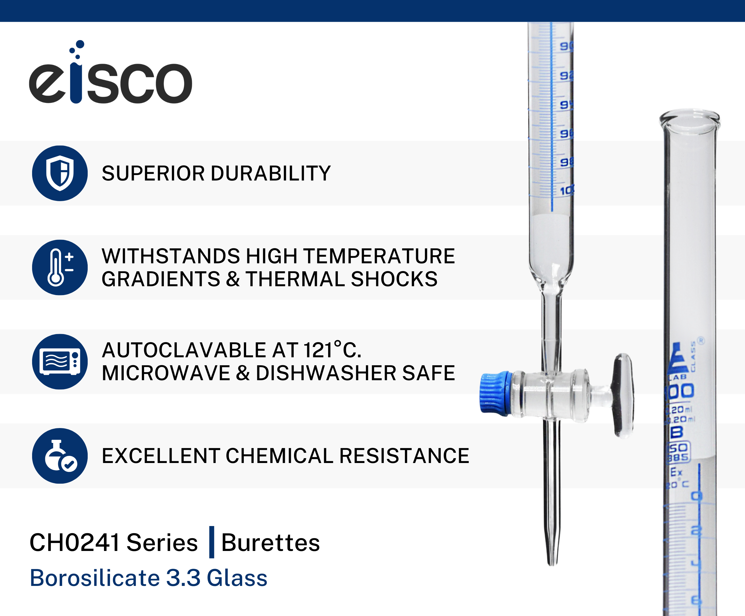Schellbach Glass ASTM Graduated Burette with Glass Key Stopcock, 100 ml, 0.20 ml Graduation, Class B