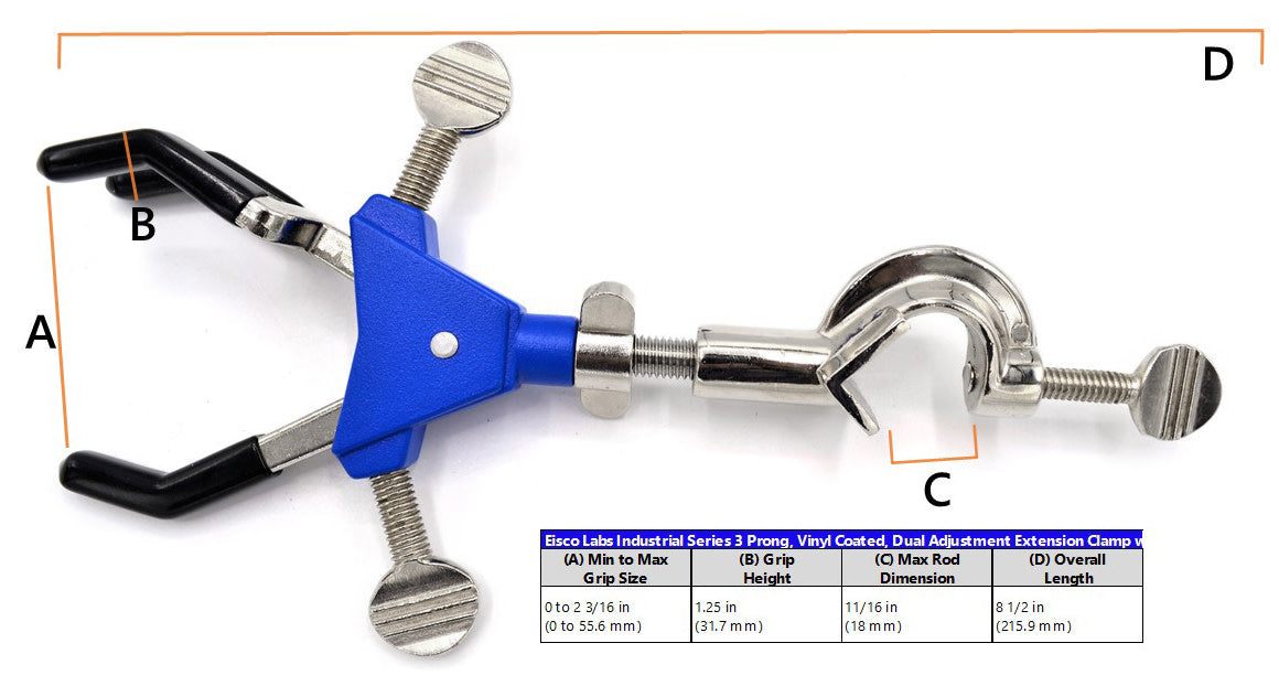 3 Finger, Vinyl Coated, Dual Adjustment Lab Clamp with Boss Head,  2.3" (6 cm) Maximum Clamp Opening
