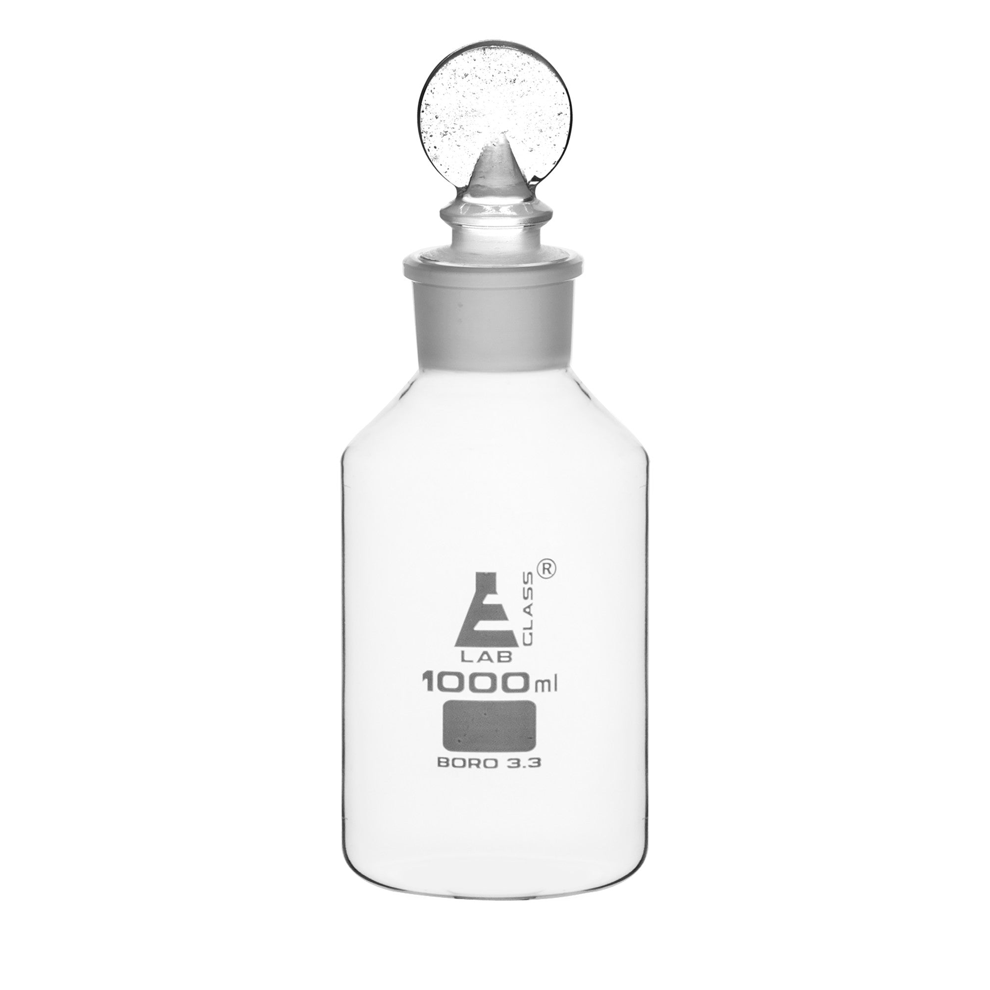 Clear Borosilicate Glass Reagent Bottle with Hollow Glass Stopper, 1000 ml, Wide Mouth, Autoclavable