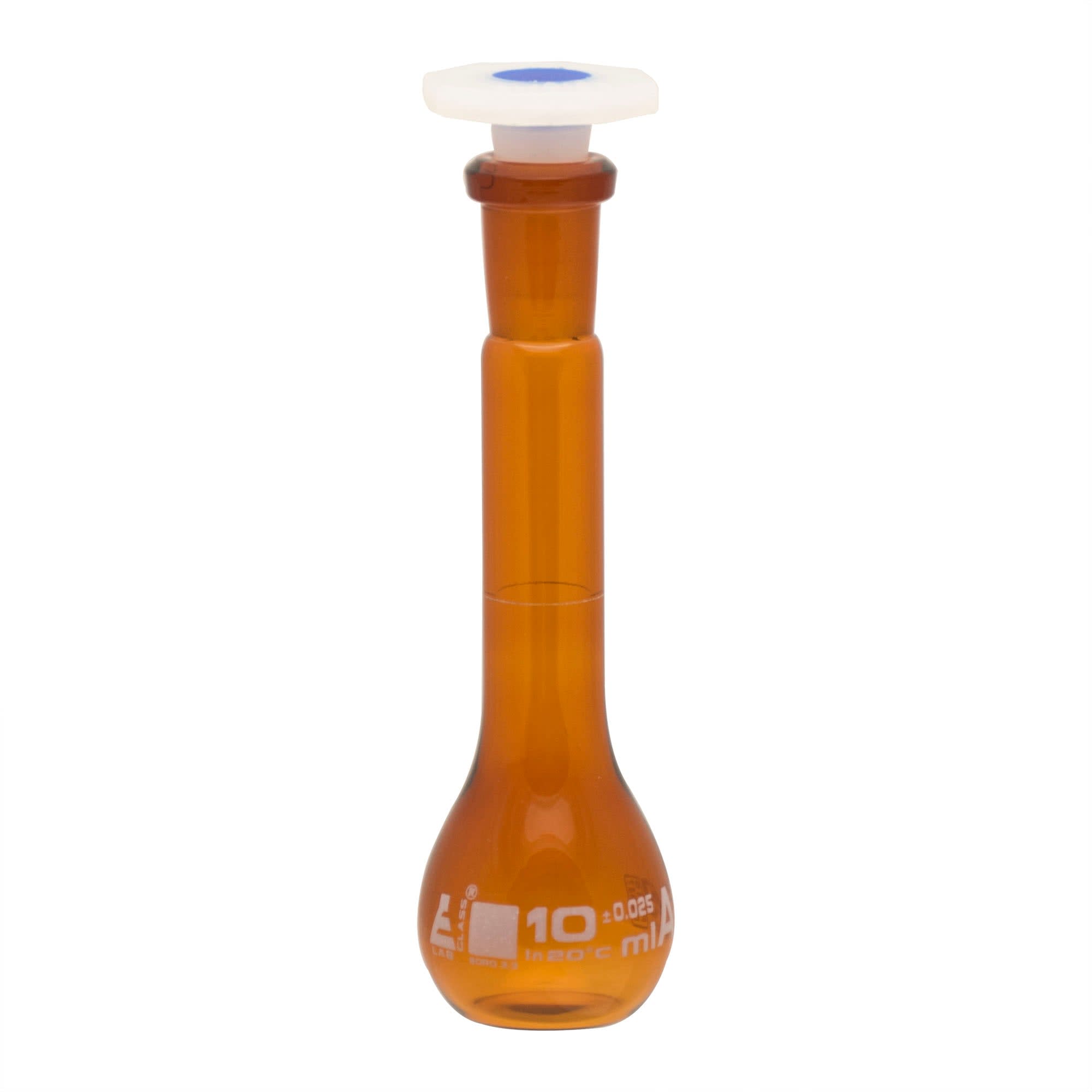 Amber Borosilicate Glass Volumetric Flask with Polypropylene Stopper, 10 ml, Class A with Individual Work Certificate, Pack of 2,  Autoclavable