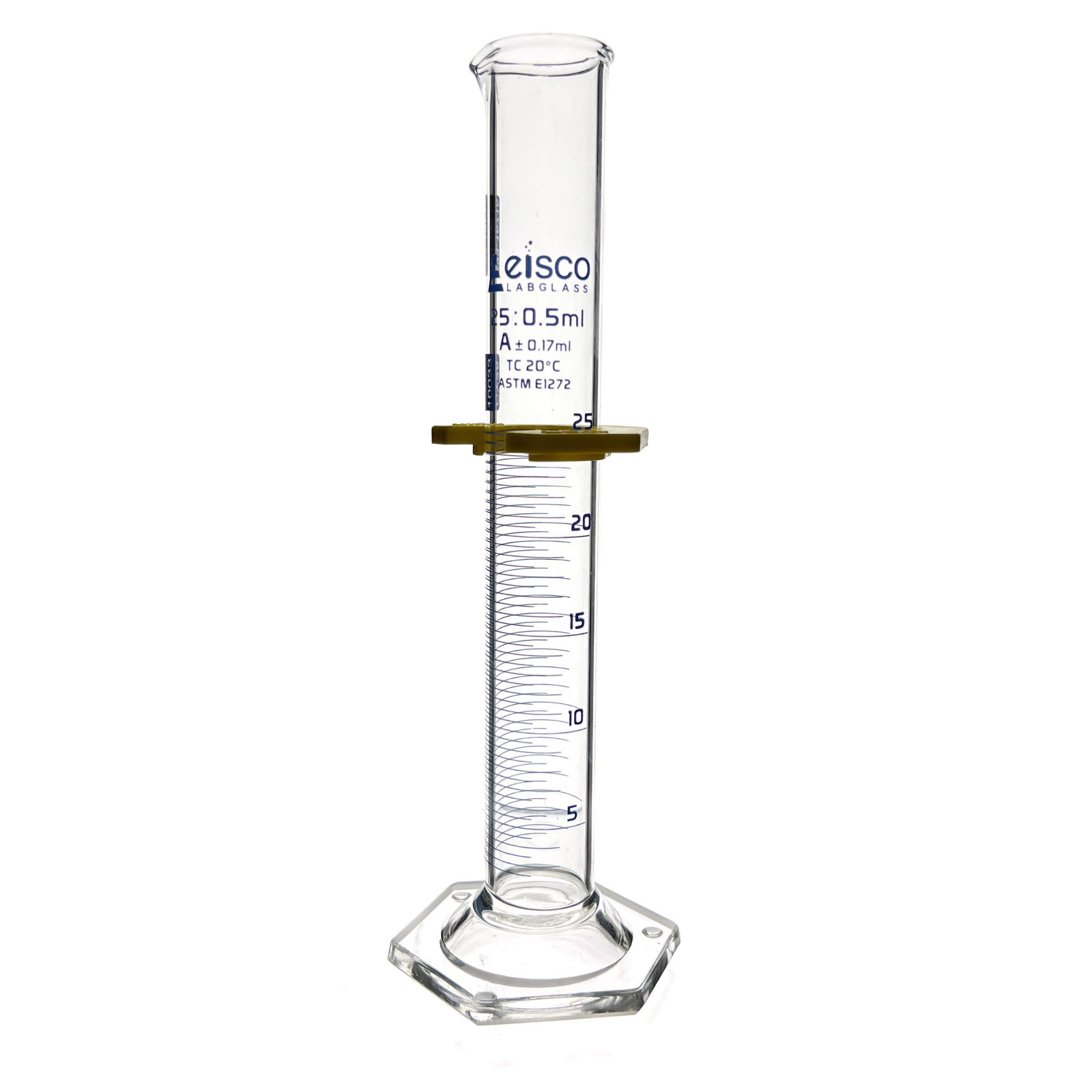 Borosilicate Glass ASTM Graduated Cylinder with Hexagonal Base and Guard, 25 ml, Class A with USP & Individual Work Certificate, Autoclavable