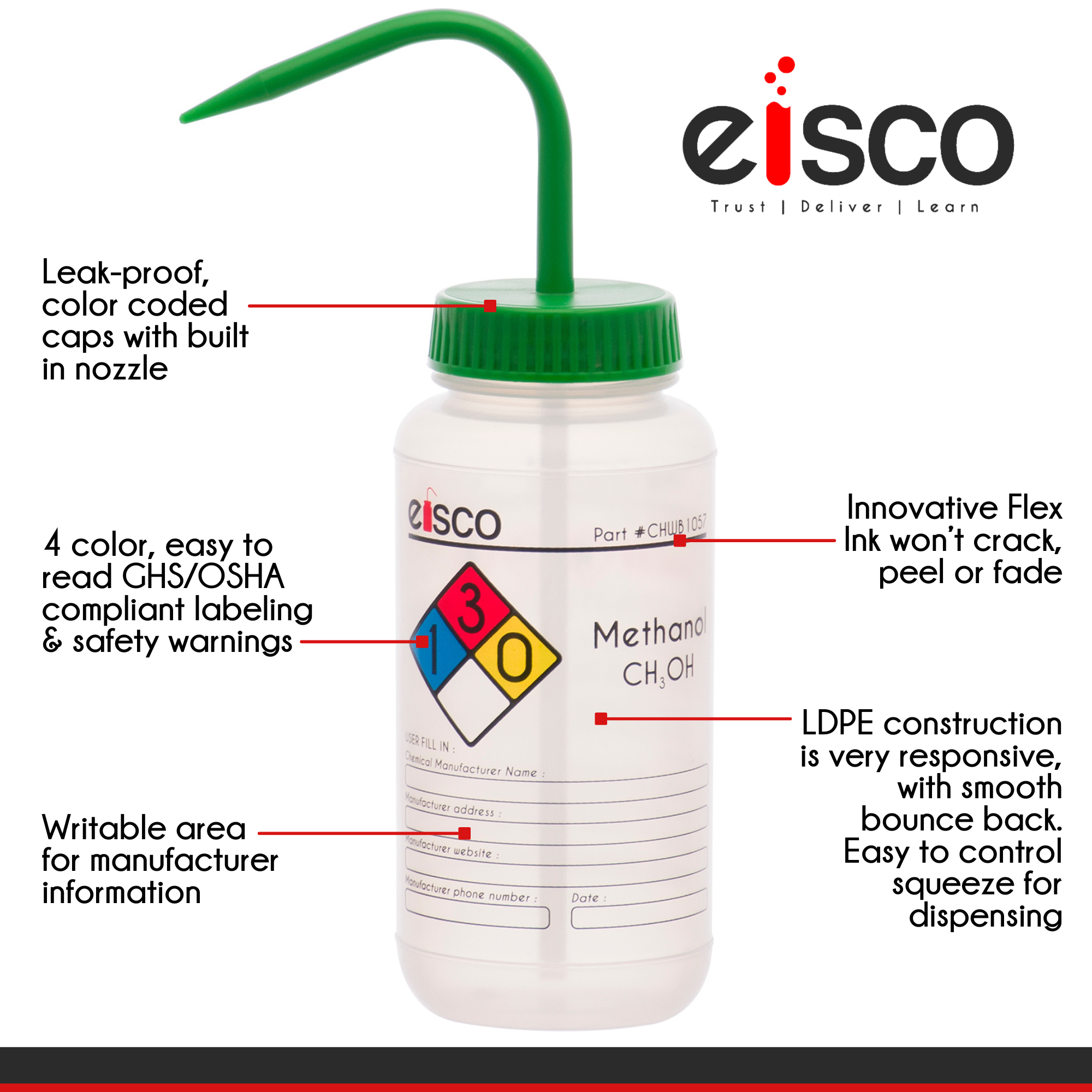 6PK Performance Plastic Wash Bottle, Methanol, 500 ml - Labeled (4 Color)