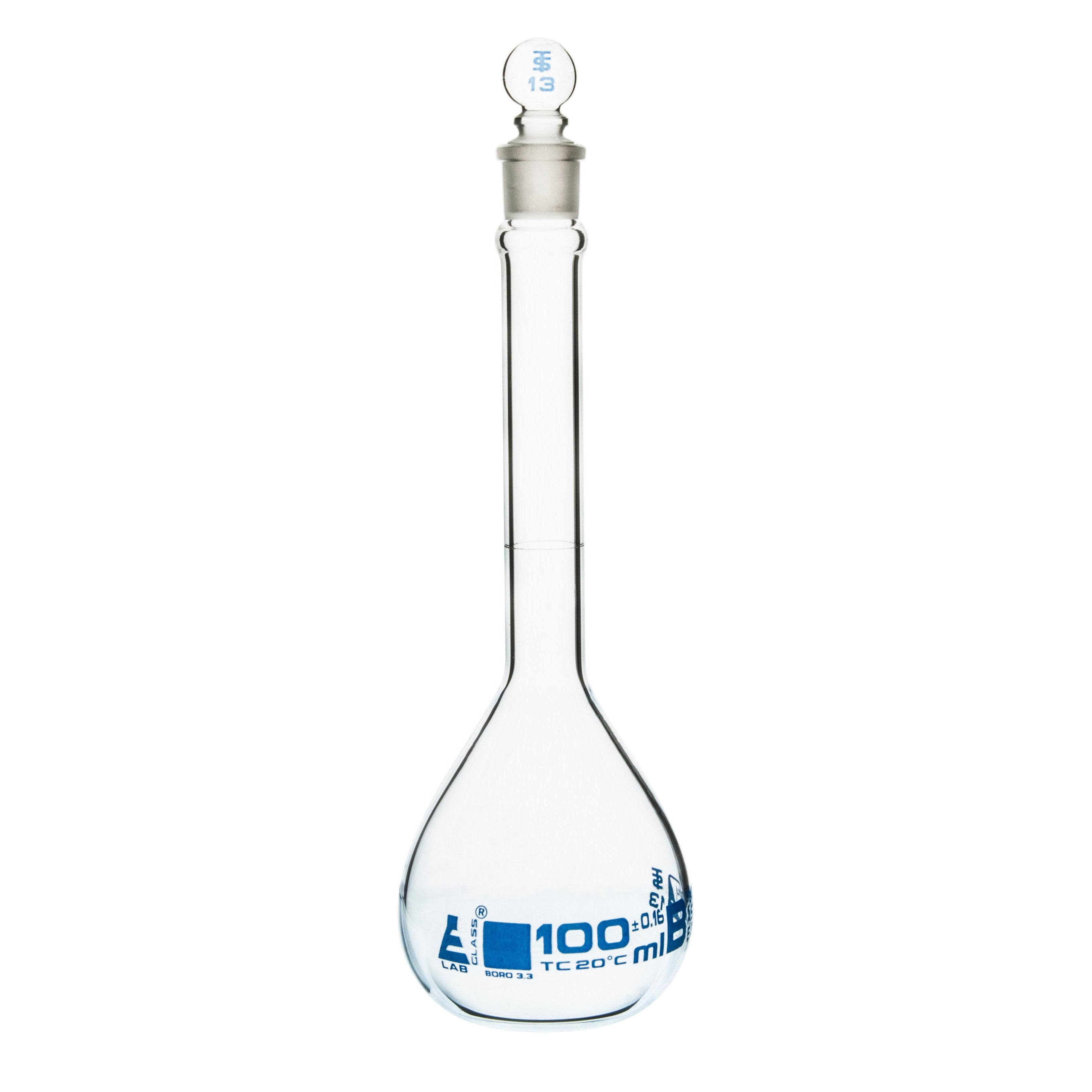 Borosilicate Glass ASTM Volumetric Flask with Glass Stopper, 100 ml, Class B, Autoclavable