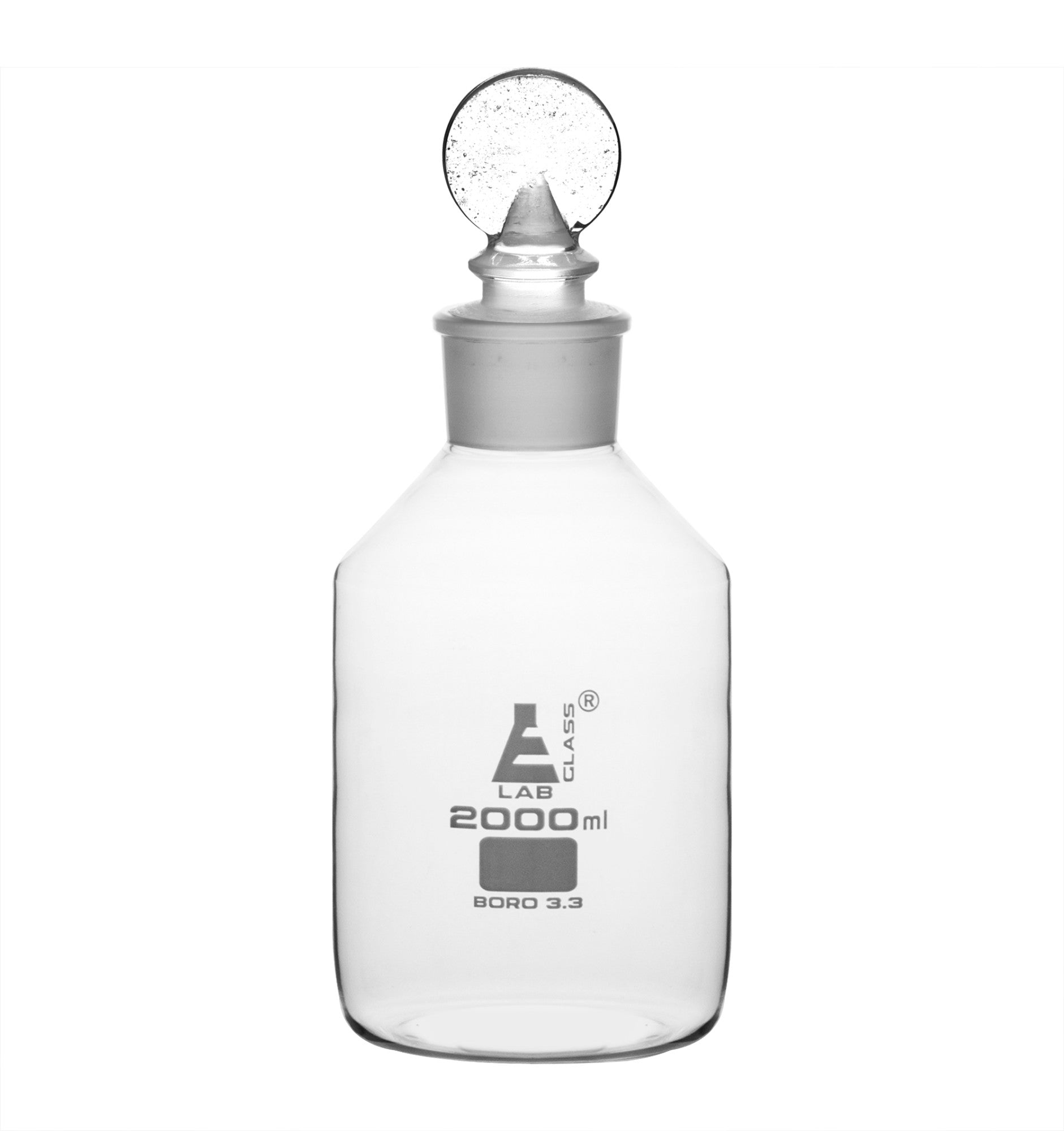 Clear Borosilicate Glass Reagent Bottle with Hollow Glass Stopper, 2000 ml, Wide Mouth, Autoclavable