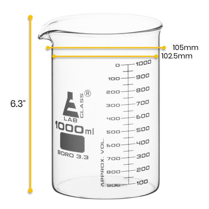 Borosilicate ASTM Low Form Beaker, 1000ml, 50ml Graduation, Autoclavable
