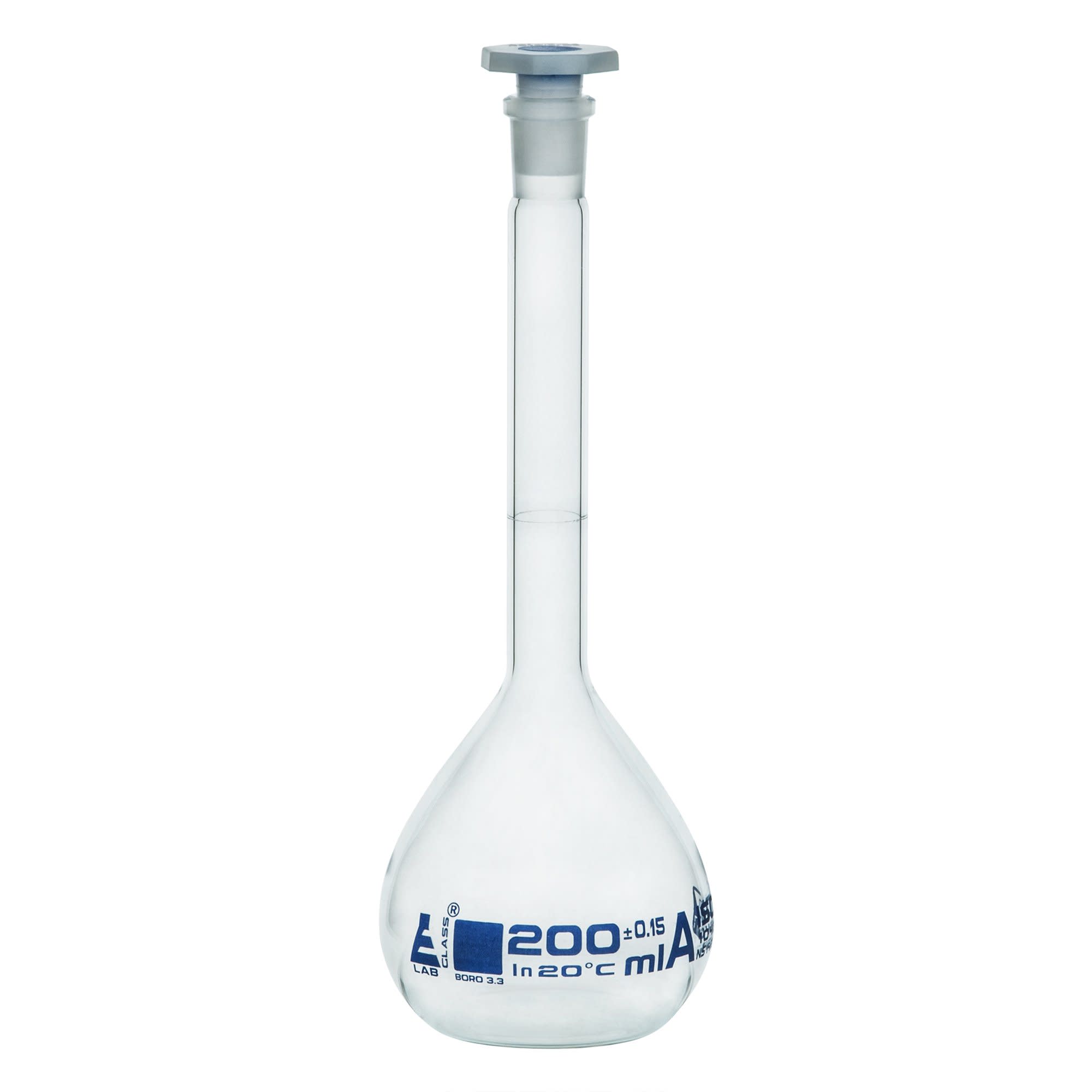 Borosilicate Glass Volumetric Flask with Polypropylene Stopper, 200 ml, Class A with Individual Work Certificate, Pack of 2,  Autoclavable