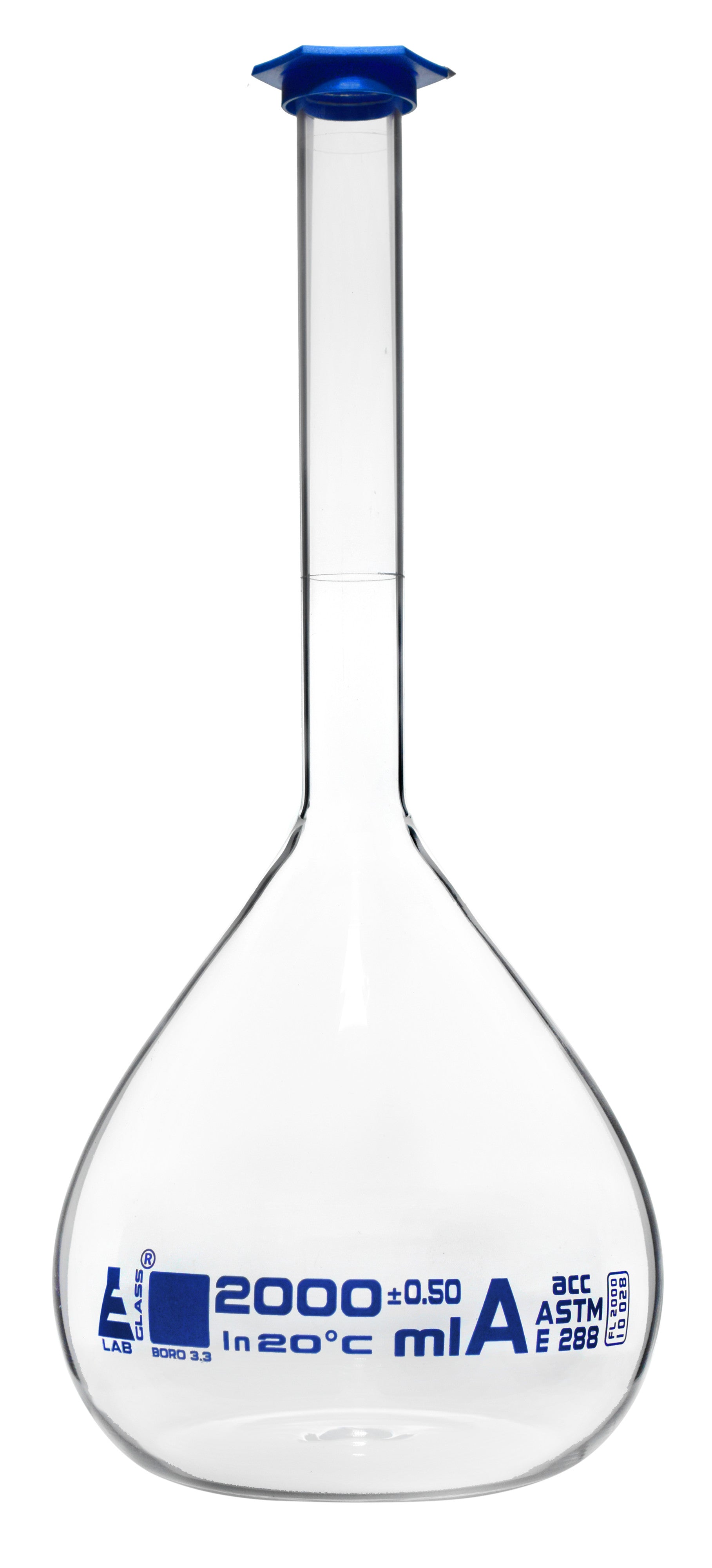 Borosilicate Volumetric Flask with Polyethylene Snap Cap, 2000 ml, Class A, Blue Print, ASTM, Autoclavable