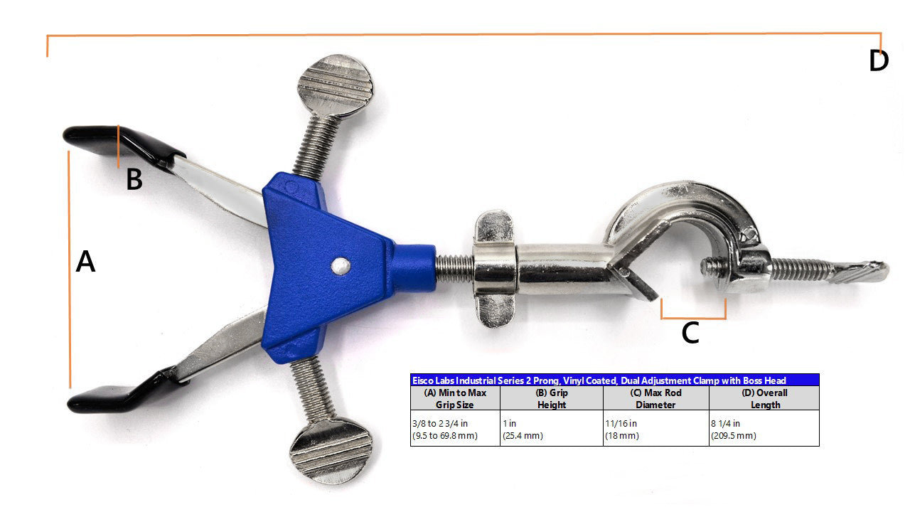 2 Prong, Vinyl Coated, Dual Adjustment Lab Clamp with Boss Head,  2.75" (7 cm) Maximum Clamp Opening