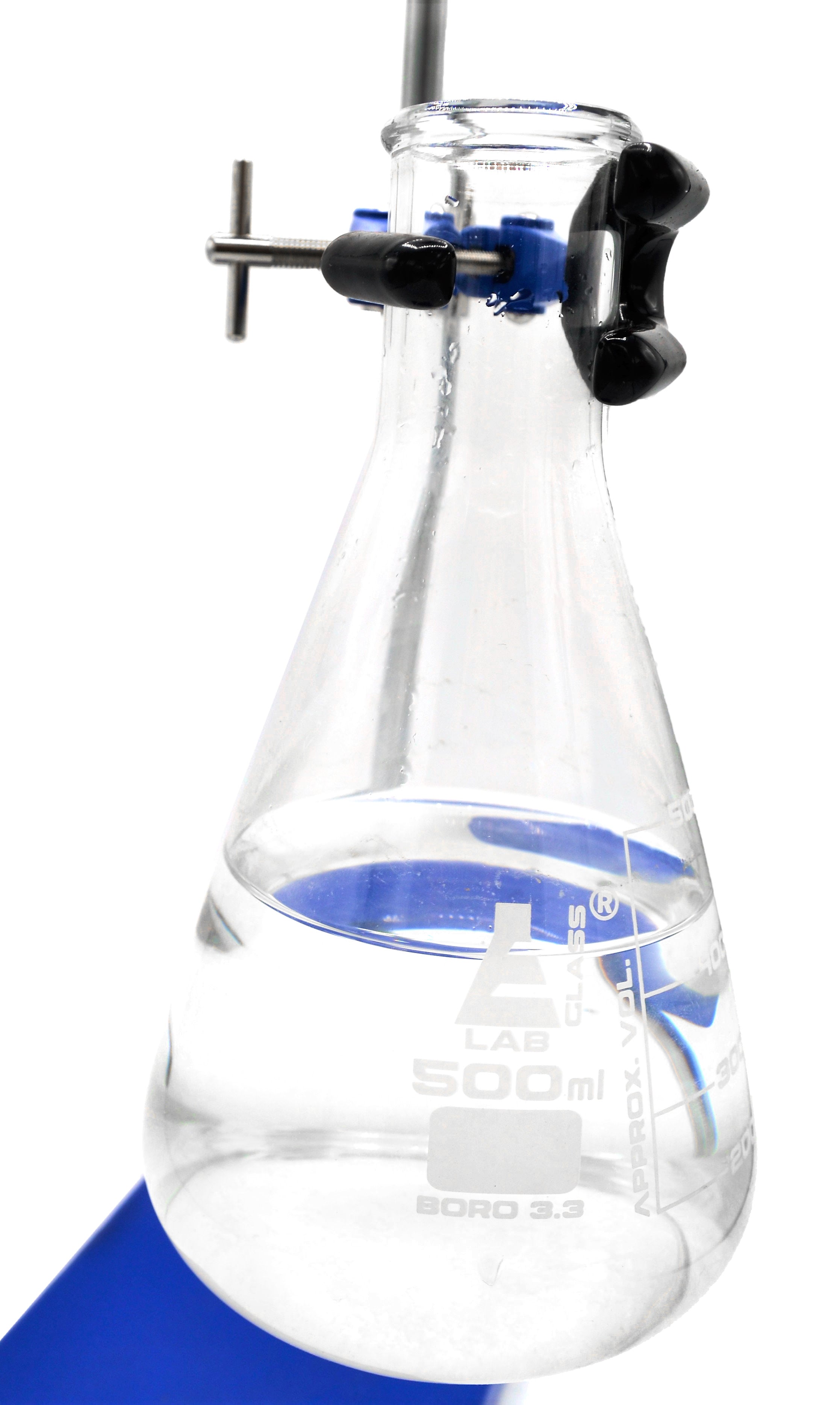 3 Finger, Vinyl Coated Extension Lab Clamp with Boss Head, 3.625" (9.2 cm) maximum clamp opening