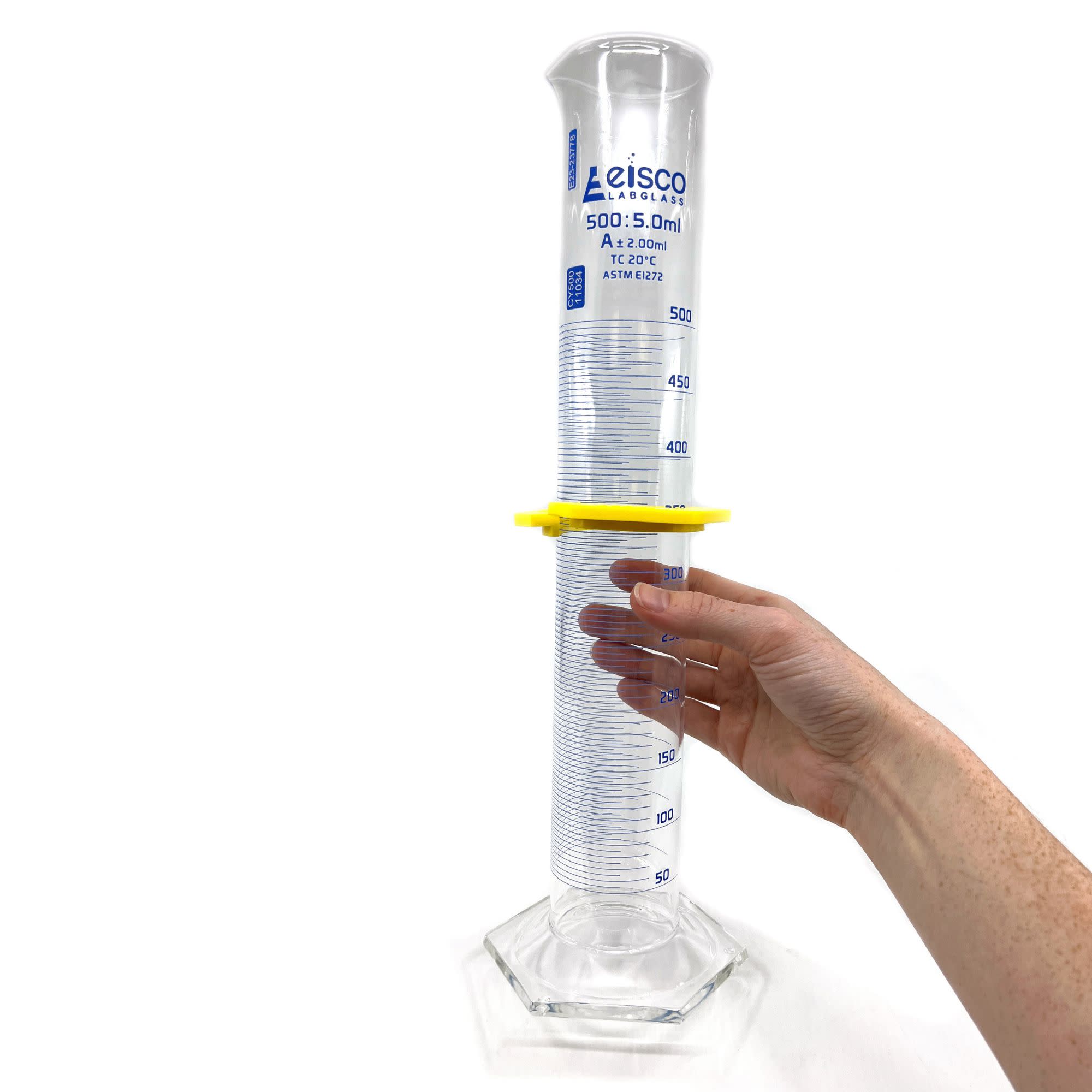 Borosilicate Glass ASTM Graduated Cylinder with Hexagonal Base and Guard, 500 ml, Class A with USP & Individual Work Certificate, Autoclavable