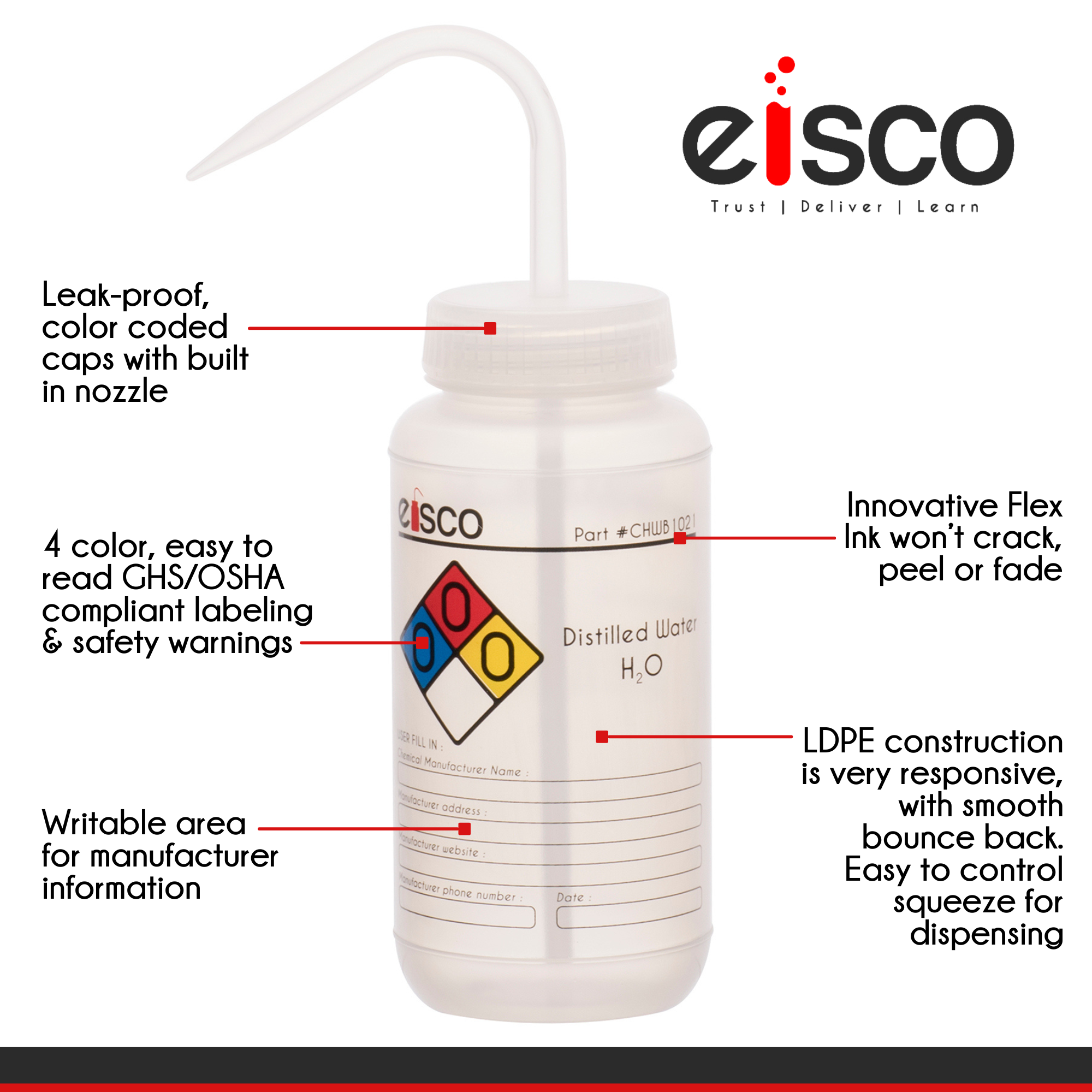 Performance Plastic Wash Bottle, Ethano, 1000 ml - Labeled (4 Color)