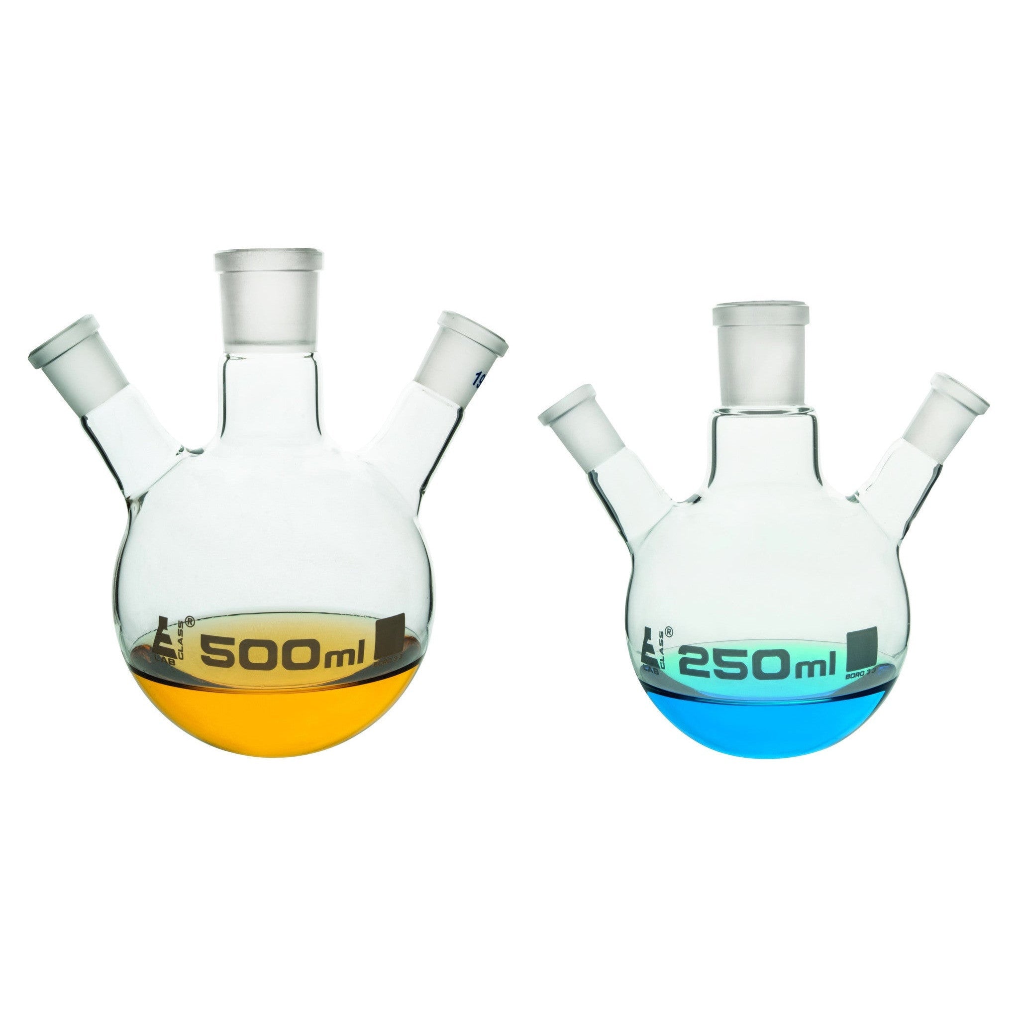 Borosilicate Glass 3 Neck Distillation Flask, 100ml, 29/32 Oblique Neck, 14/23 Side Joint, Autoclavable