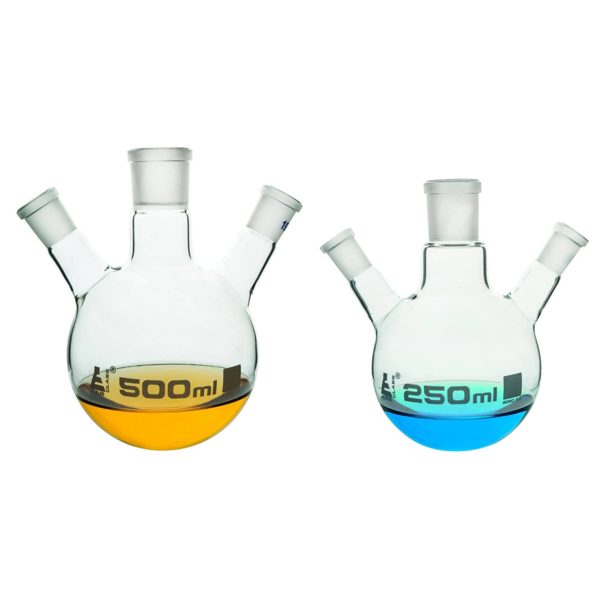 Borosilicate Glass 3 Neck Distillation Flask, 100ml, 29/32 Oblique Neck, 14/23 Side Joint, Autoclavable