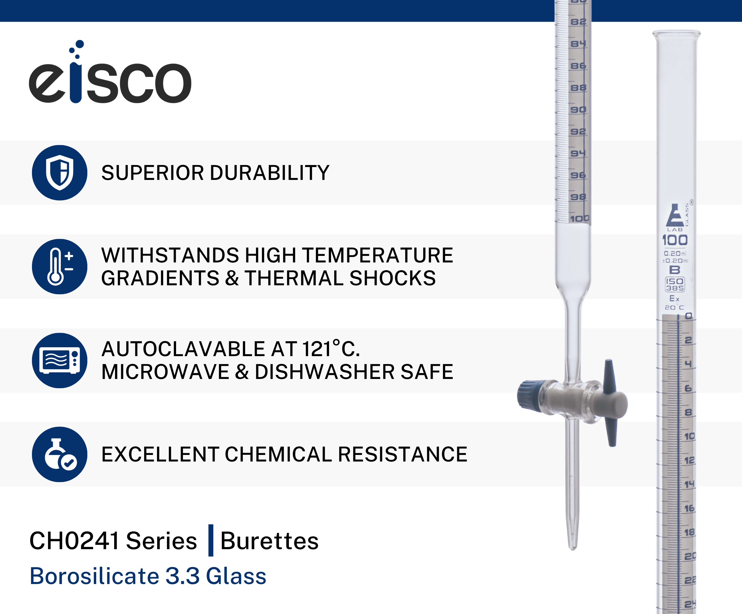 Schellbach Glass ASTM Graduated Burette with PTFE Stopcock, 100 ml, 0.20 ml Graduation, Class B