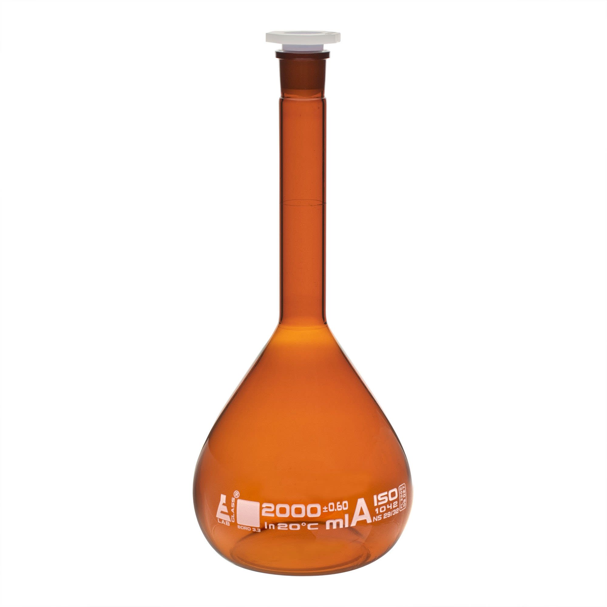 Amber Borosilicate Glass Volumetric Flask with Polypropylene Stopper, 2000 ml, Class A with Individual Work Certificate,  Autoclavable