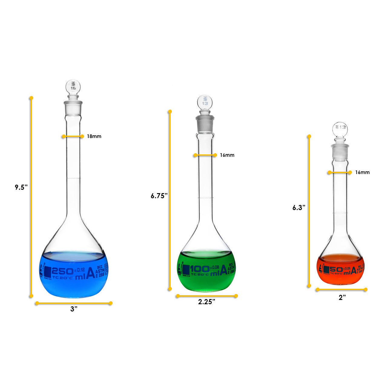Borosilicate Glass Safety Pack Volumetric Flask Set with Glass Stoppers (50 ml, 100 ml, 250 ml), Class A, ASTM, Autoclavable