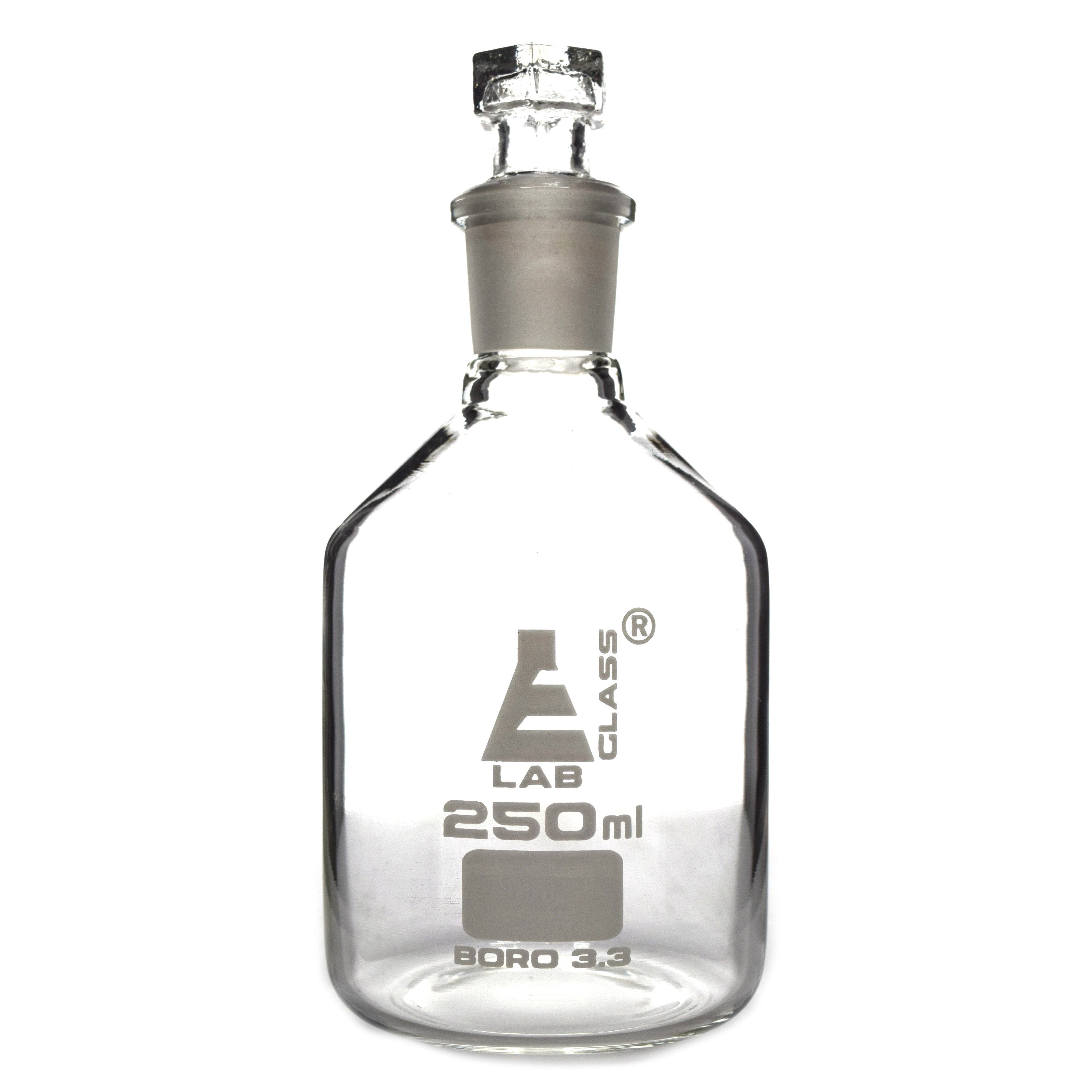 Clear Borosilicate Glass Reagent Bottle with Hollow Glass Stopper, 250 ml, Narrow Mouth, Autoclavable