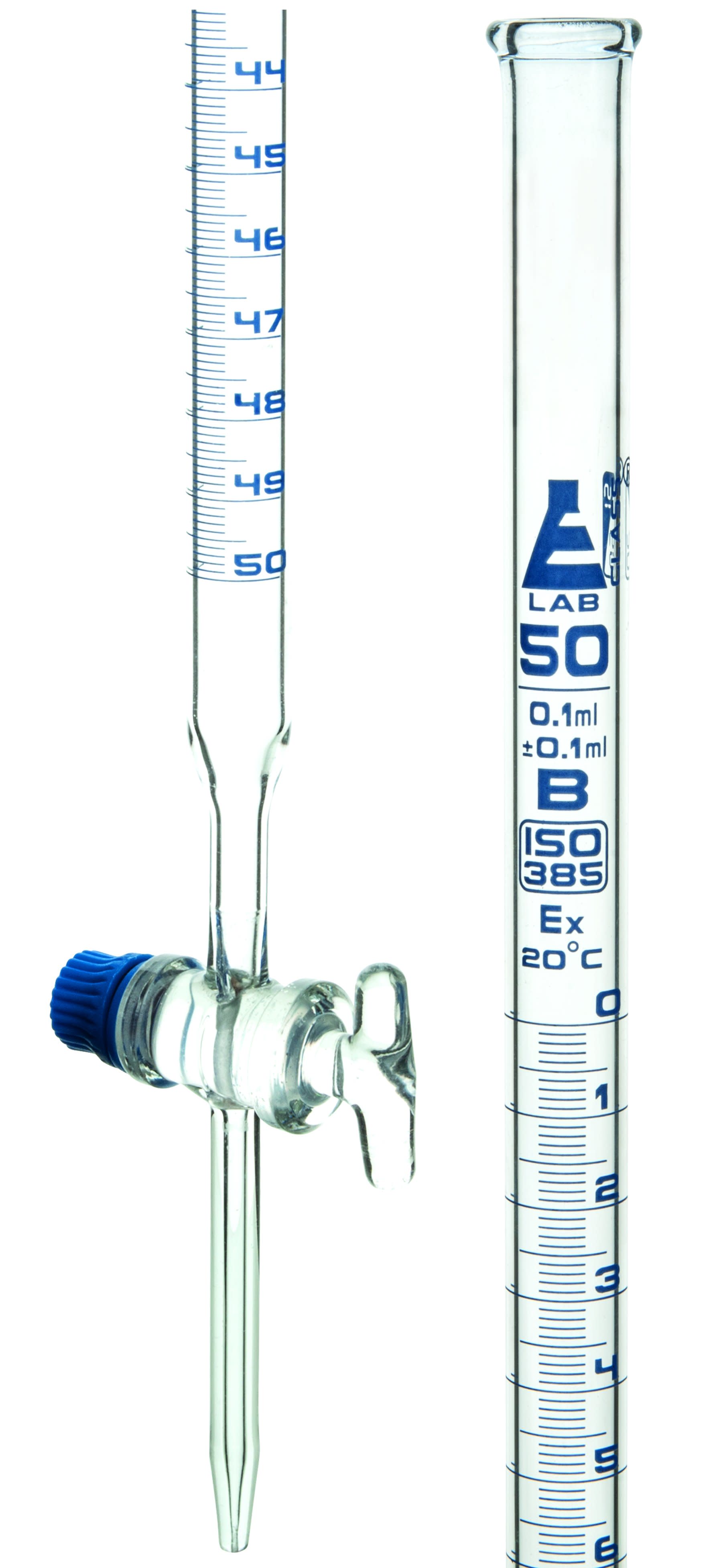 Borosilicate Glass ASTM Graduated Burette with Glass Key Stopcock, 50 ml, 0.1 ml Graduation, Class B