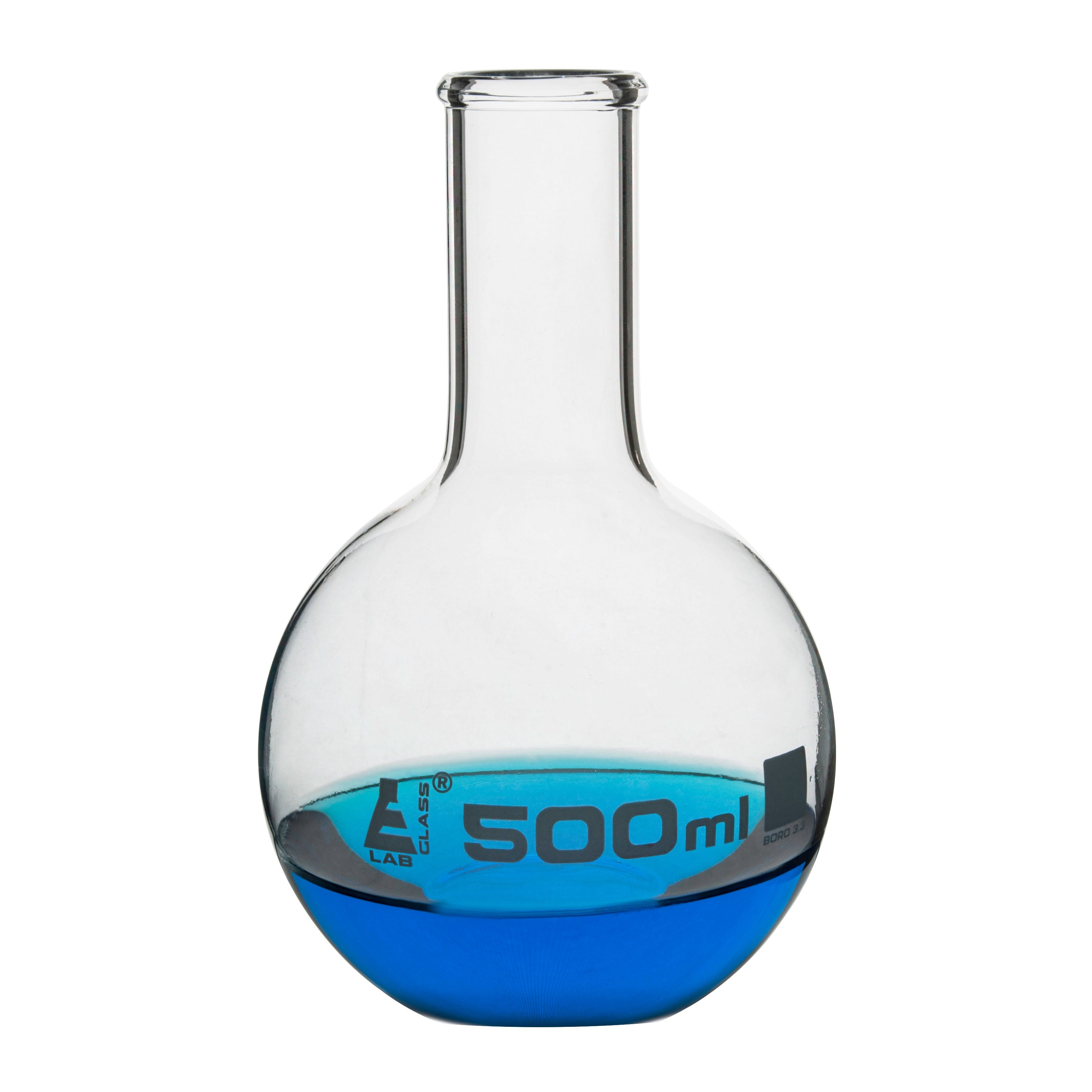 Borosilicate Glass Boiling Flask, 500 ml, Flat Bottom, Autoclavable