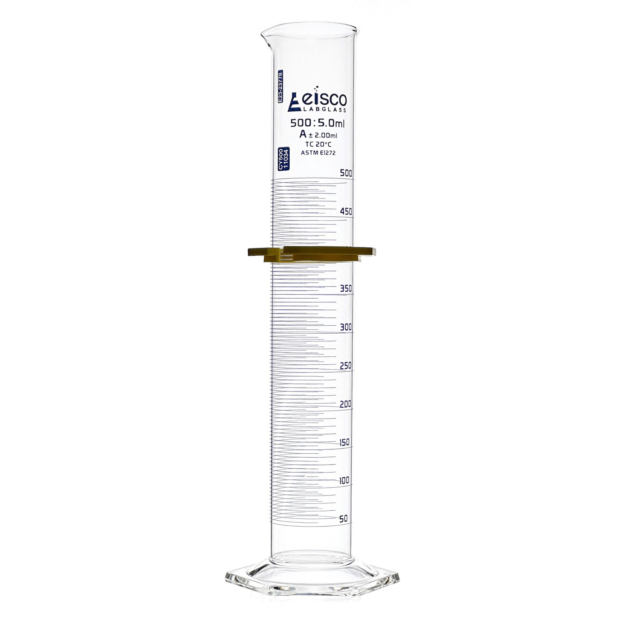 Borosilicate Glass ASTM Graduated Cylinder with Hexagonal Base and Guard, 500 ml, Class A with USP & Individual Work Certificate, Autoclavable