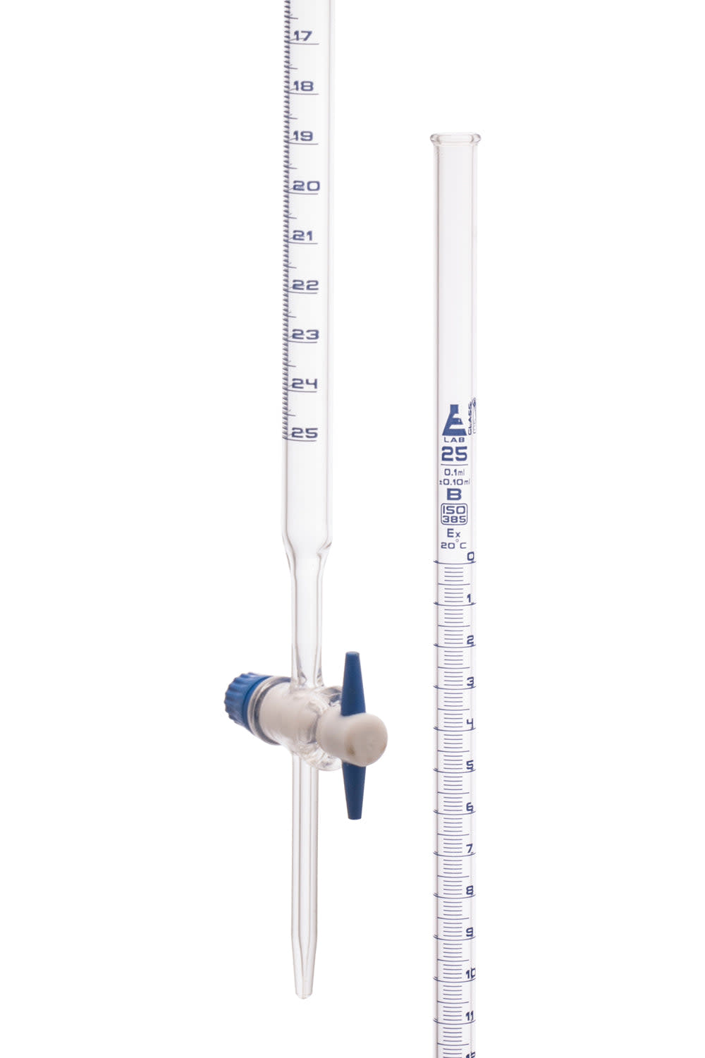 Borosilicate Glass ASTM Graduated Burette with PTFE Stopcock, 10 ml, 0.05 ml Graduation, Class B
