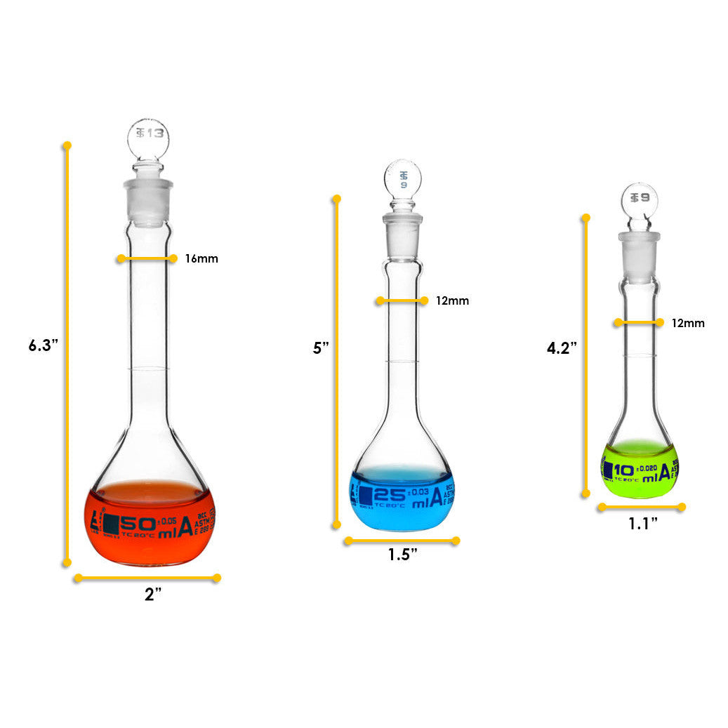 Borosilicate Glass Safety Pack Volumetric Flask Set with Glass Stoppers (10 ml, 25 ml, 50 ml),  Class A, ASTM, Autoclavable