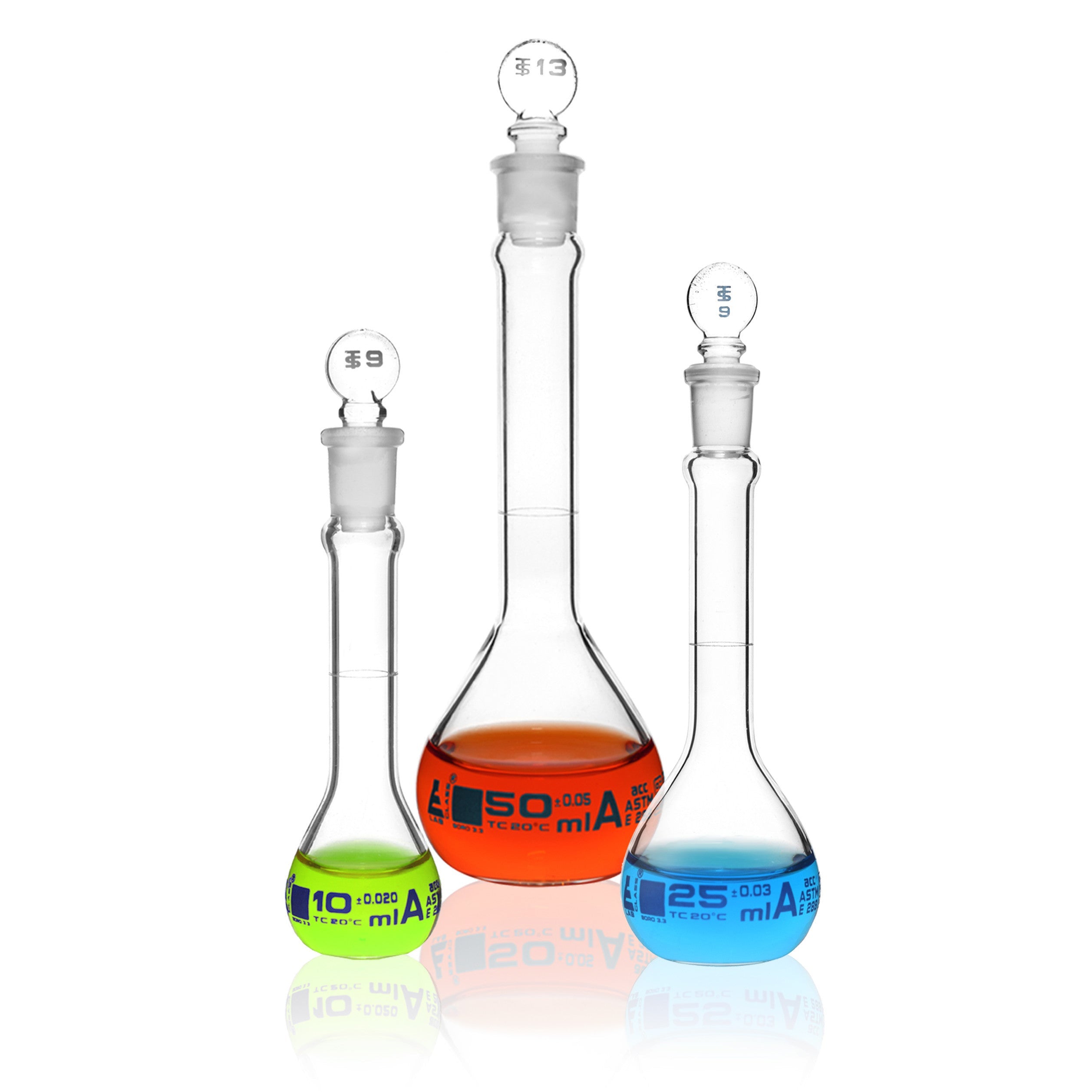 Borosilicate Glass Safety Pack Volumetric Flask Set with Glass Stoppers (10 ml, 25 ml, 50 ml),  Class A, ASTM, Autoclavable