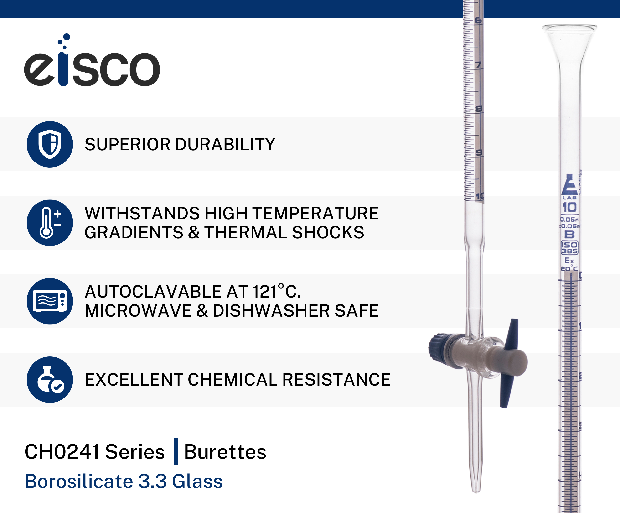 Schellbach Glass ASTM Graduated Burette with PTFE Stopcock, 10 ml, 0.05 ml Graduation, Class B