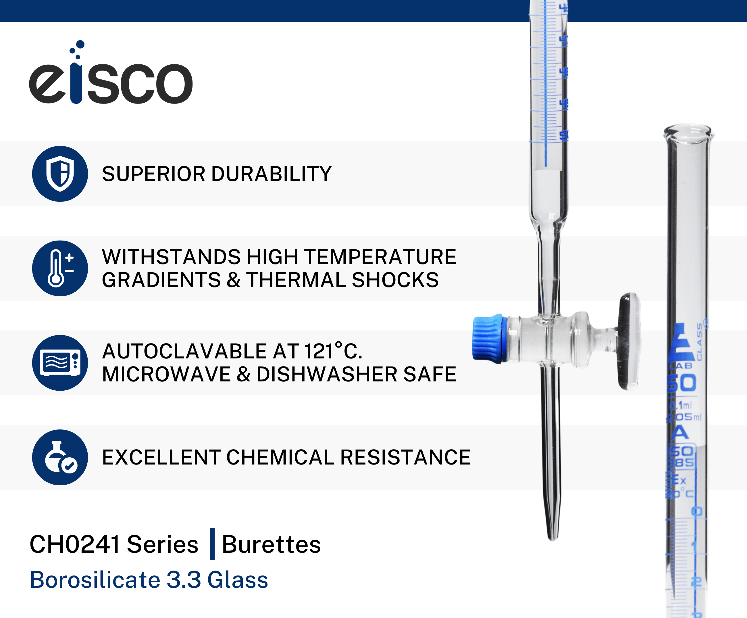 Schellbach Glass ASTM Graduated Burette with Glass Key Stopcock, 50 ml, 0.10 ml Graduation, Class A