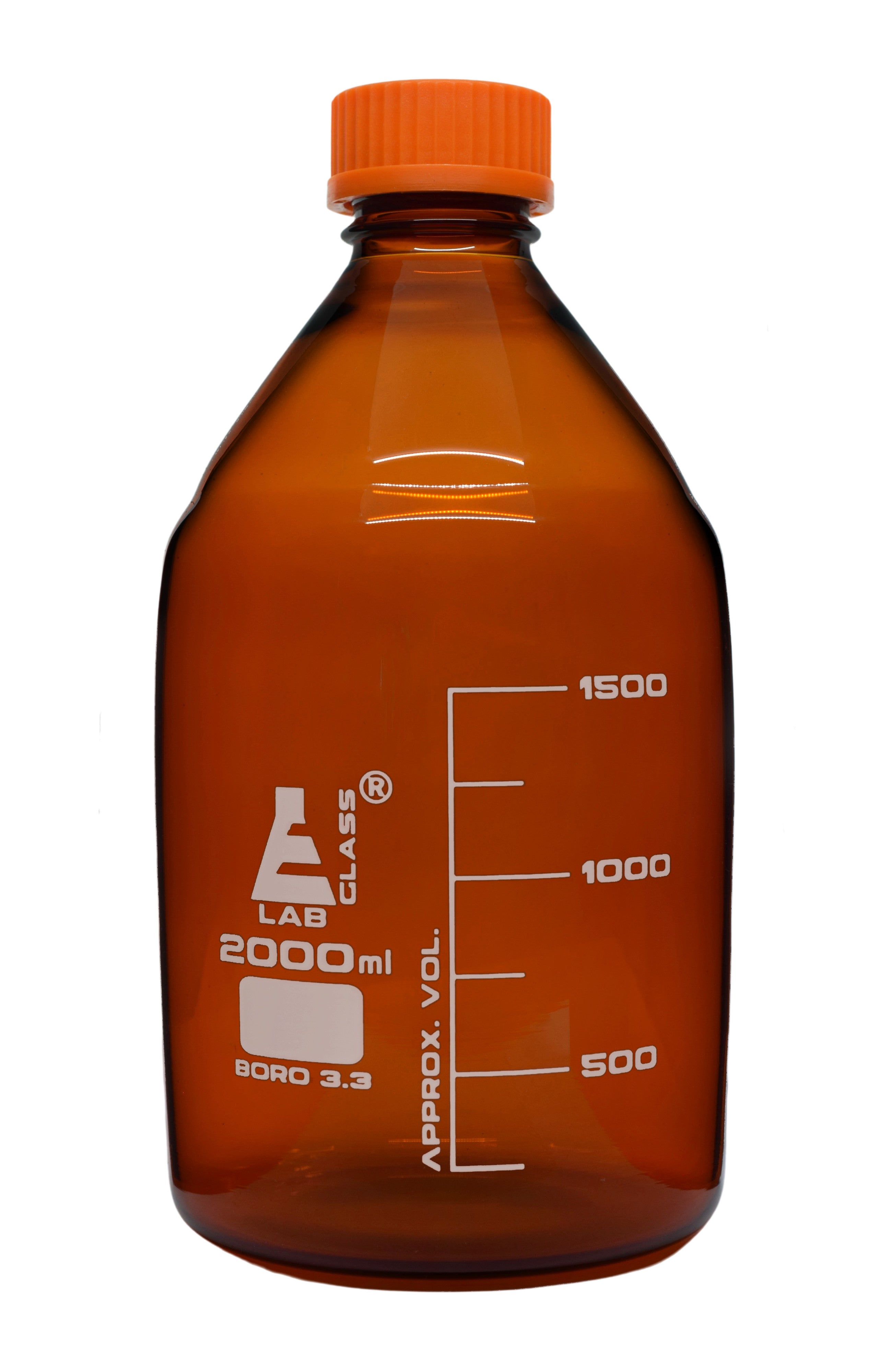 Amber Borosilicate Glass Reagent Bottle with Screw Cap, 2000 ml with Graduations, Autoclavable