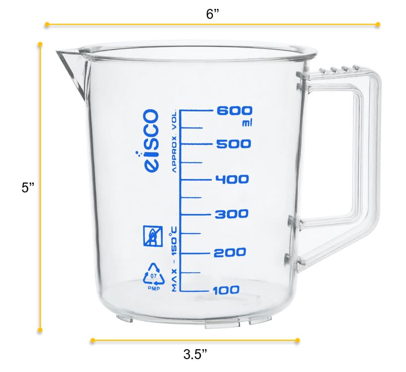 TPX Measuring Jug with Spout and Handle, Short Form, 600 ml, 50 ml Graduation, Autoclavable