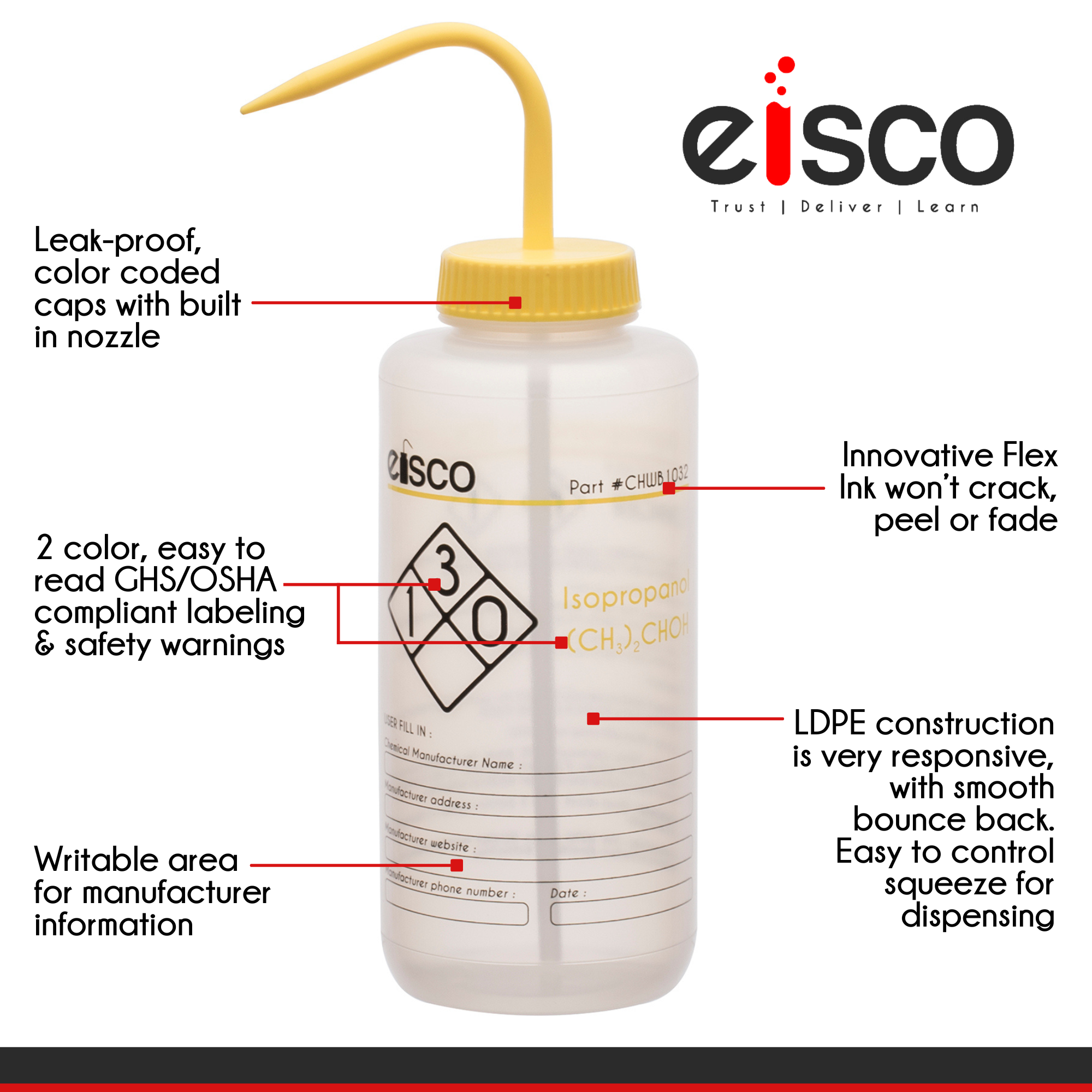 Performance Plastic Wash Bottle, Isopropanol, 1000 ml - Labeled (2 Color)