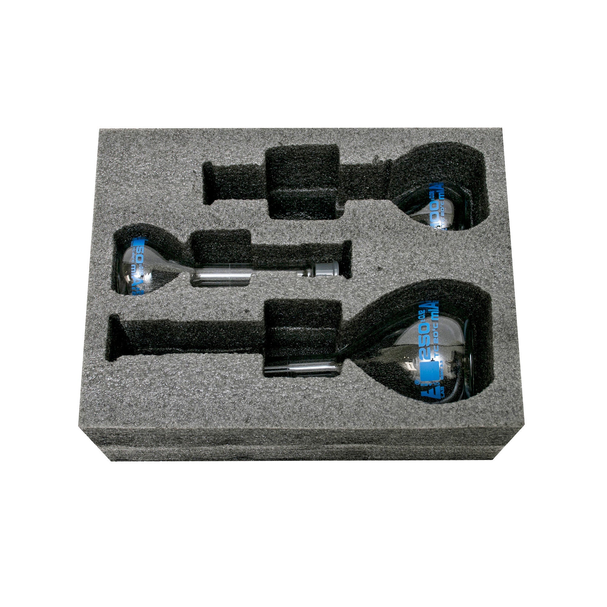 Borosilicate Glass Safety Pack Volumetric Flask Set with Glass Stoppers (50 ml, 100 ml, 250 ml), Class A, ASTM, Autoclavable