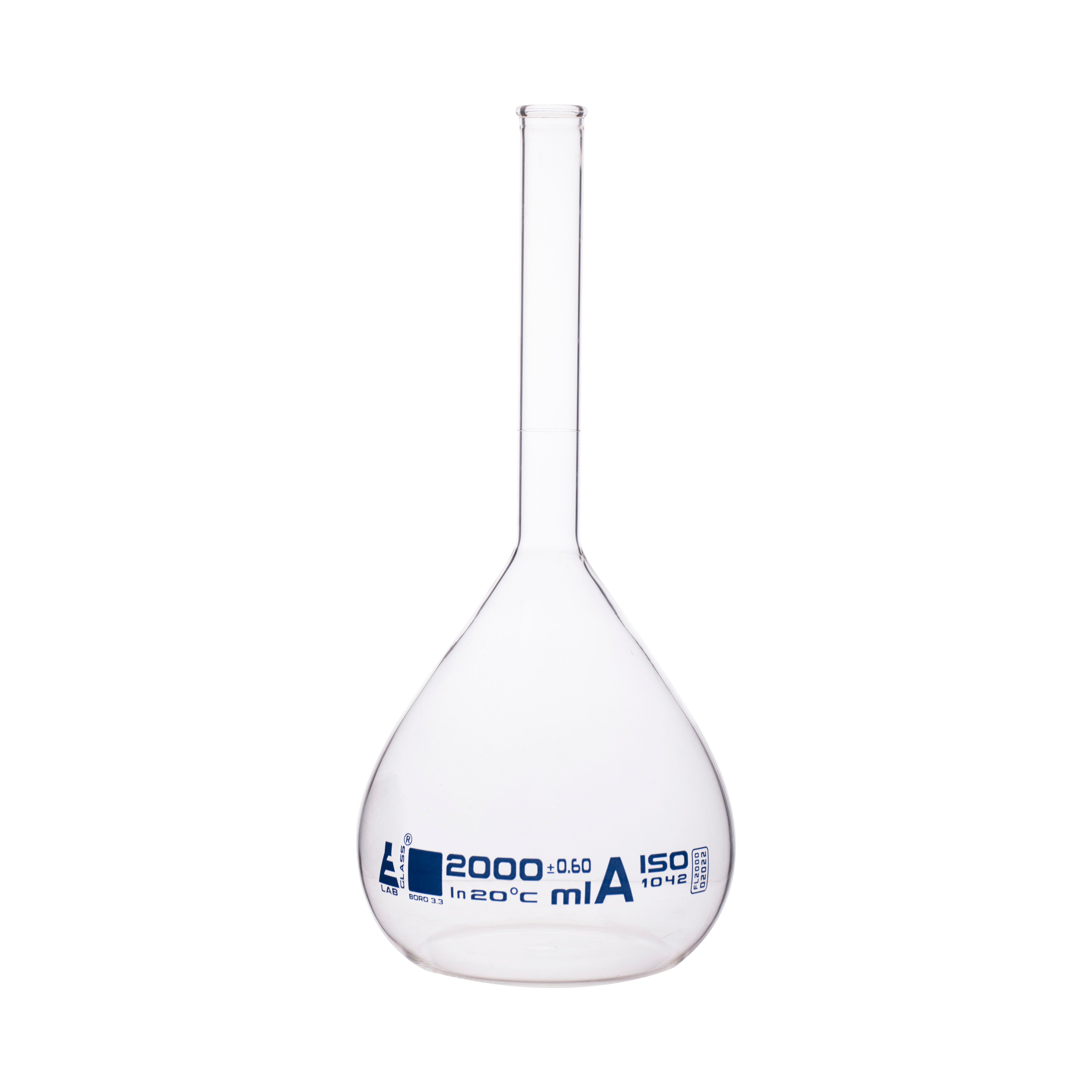 Borosilicate Glass Volumetric Flask with Beaded Rim, 2000ml, Class A, Blue Print, Autoclavable