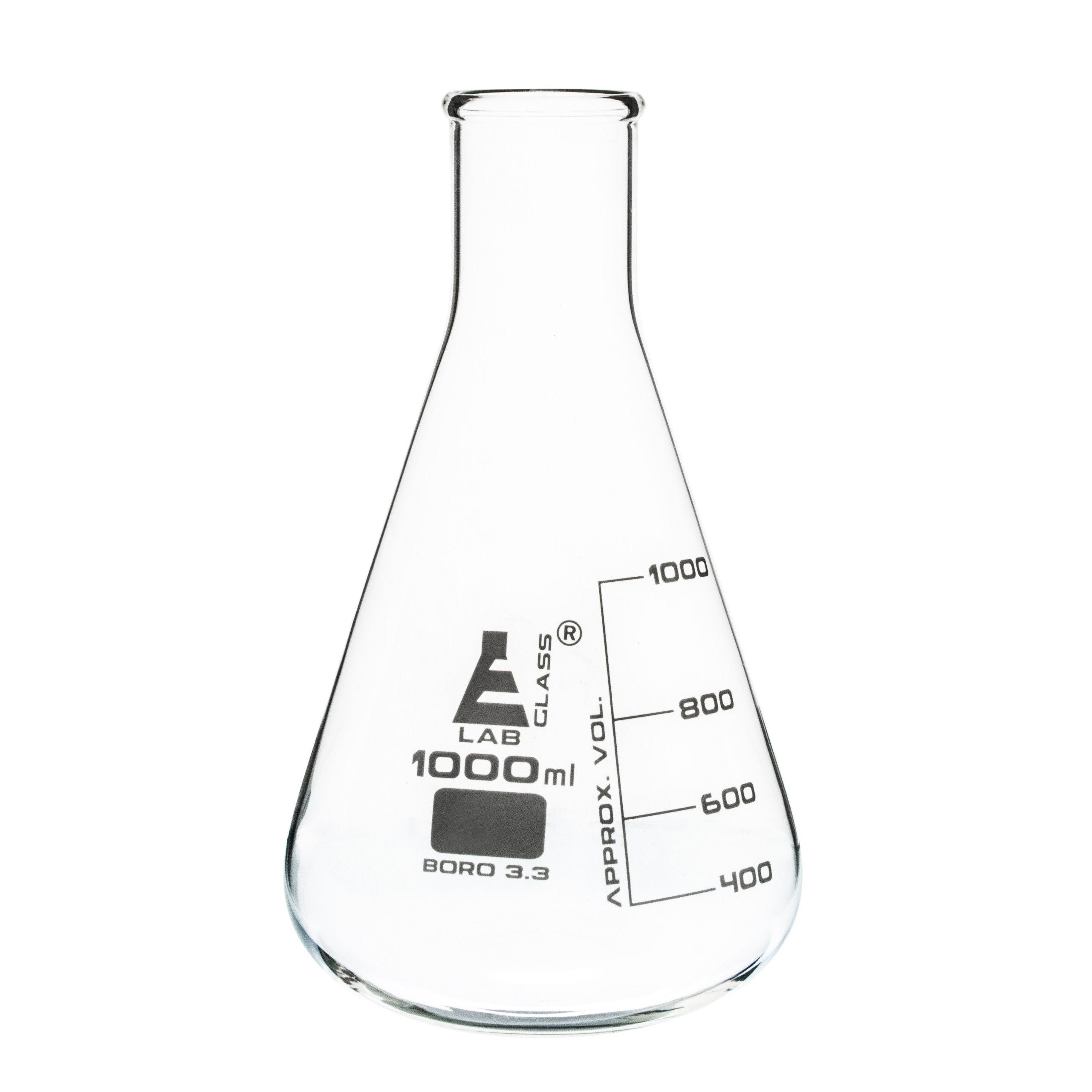 Borosilicate Glass Erlenmeyer Flask, 1000 ml, 200 ml Graduations, Autoclavable