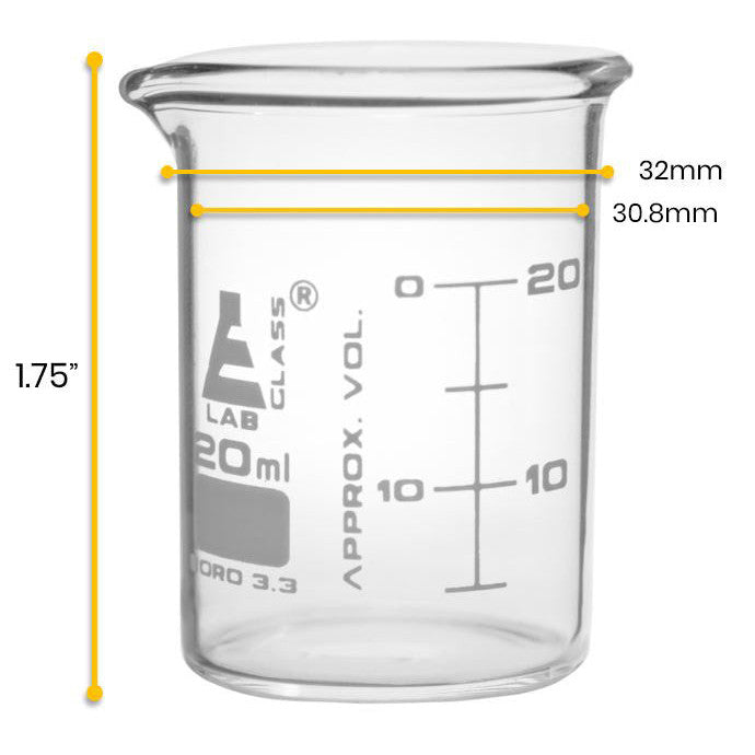 Borosilicate ASTM Low Form Beaker, 20ml, 5ml Graduation, Autoclavable